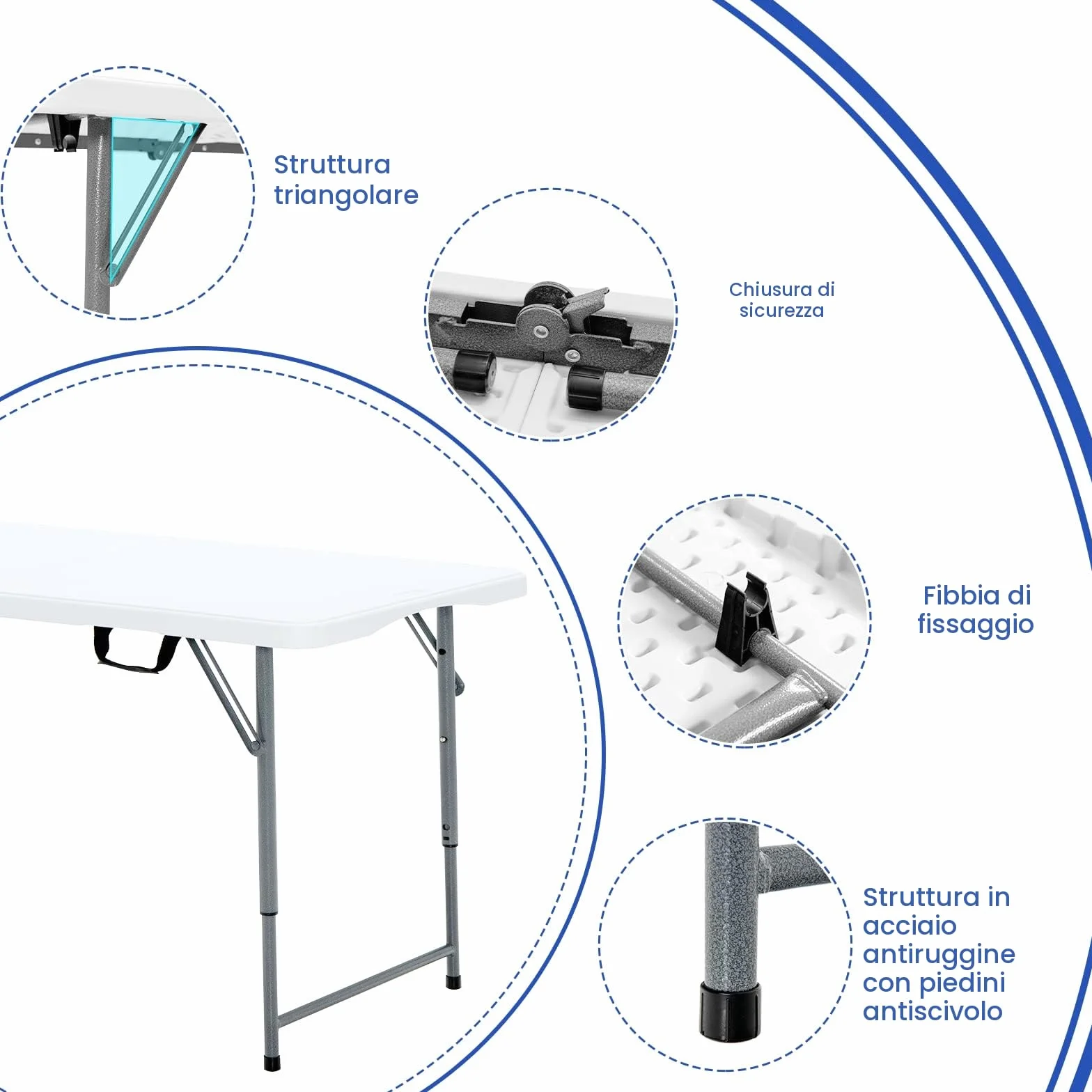 KOMFOTTEU Tavolo Pieghevole Regolabile in Altezza 120x60x74,5 cm Bianco HDPE Ferro Campeggio Picnic