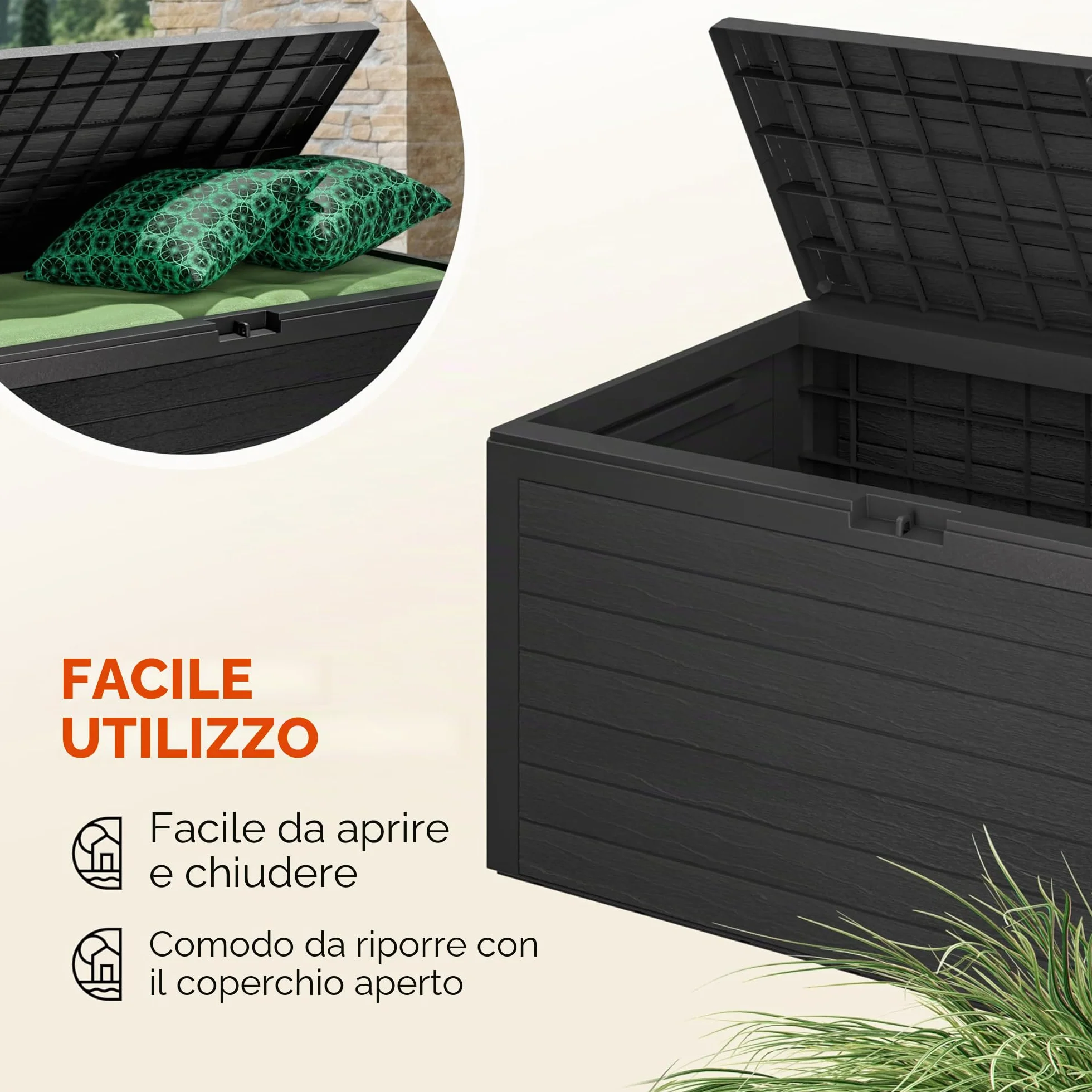 Casaria® Baule da Giardino XXL 280 L Cassapanca Richiudibile 2 Maniglie 116x43x55cm Box Esterno Contenitore Effetto Legno