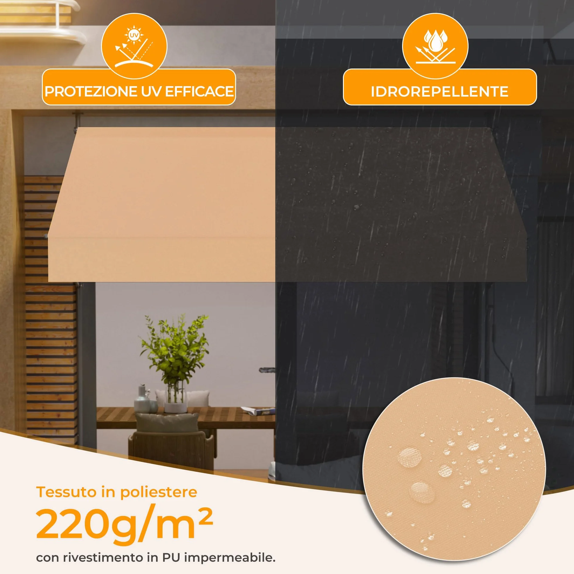 Tenda da Sole a Morsetto con manovella regolabile, Impermeabile Anti-UV, 200 cm x (120-150) cm Cachi
