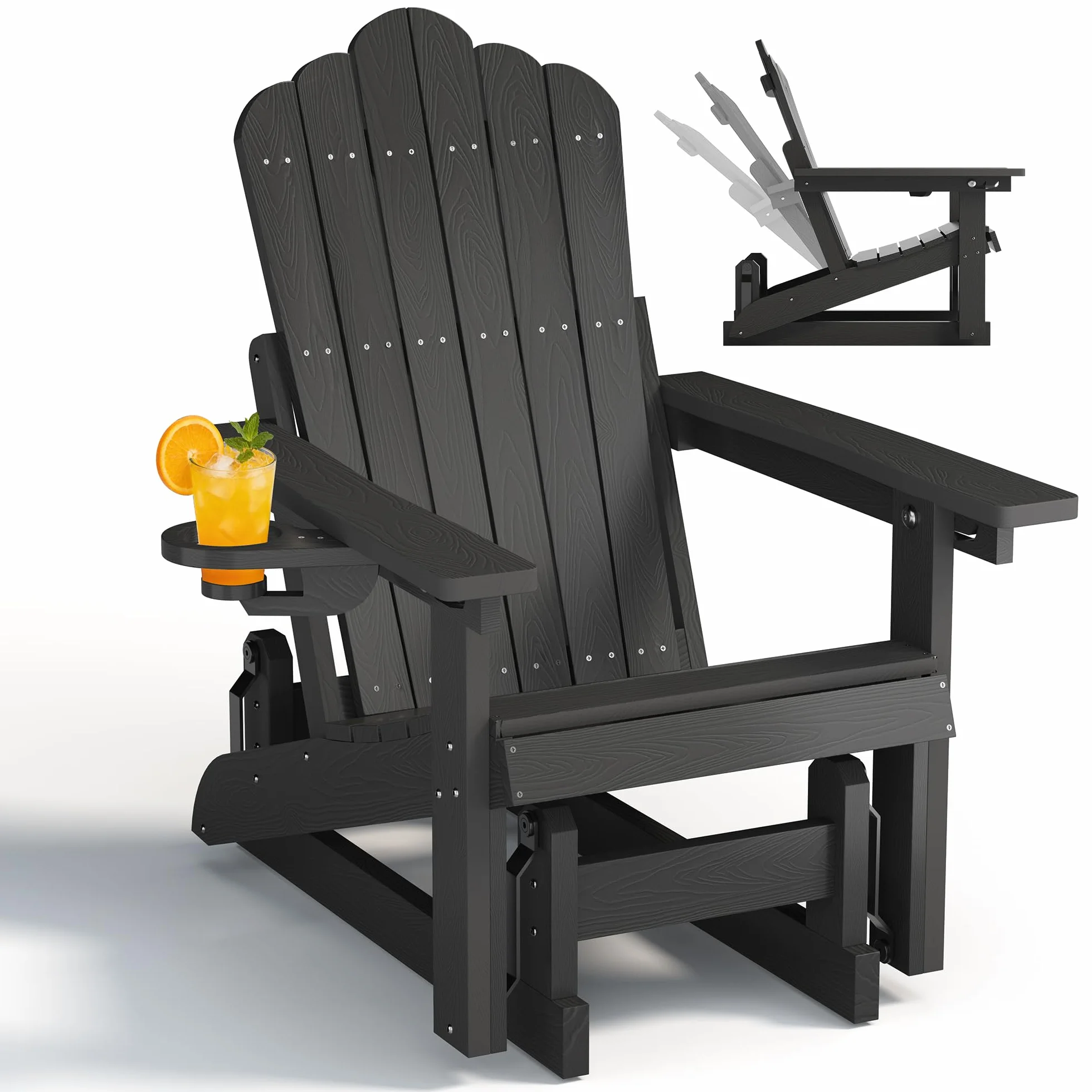 Sedia a dondolo Adirondack con schienale regolabile,sedia a dondolo per patio in simil-legno resistente alle intemperie con portabicchieri, meccanismo di oscillazione fluido,capacità di peso 200 kg