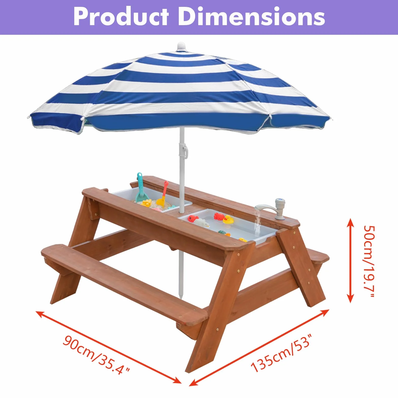 Kids - Tavolo da picnic 3 in 1 per attività in legno e acqua, per esterni, trasformabile, con ombrello, 2 scatole da gioco, parte superiore rimovibile, per esterni (Brown/Navy)