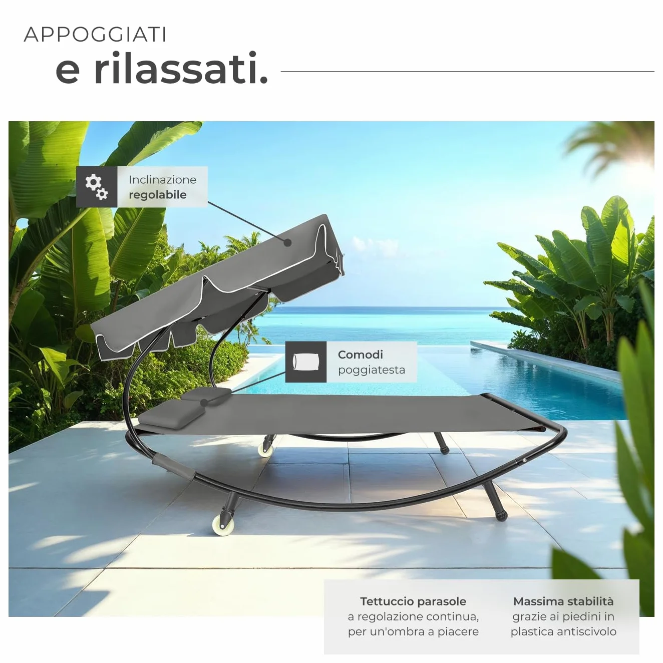 Tectake Lettino Prendisole Doppio con 2 Cuscini da Esterno, Telaio in Metallo, Rotelle, Tenda da Sole Pieghevole - Nero/Grigio