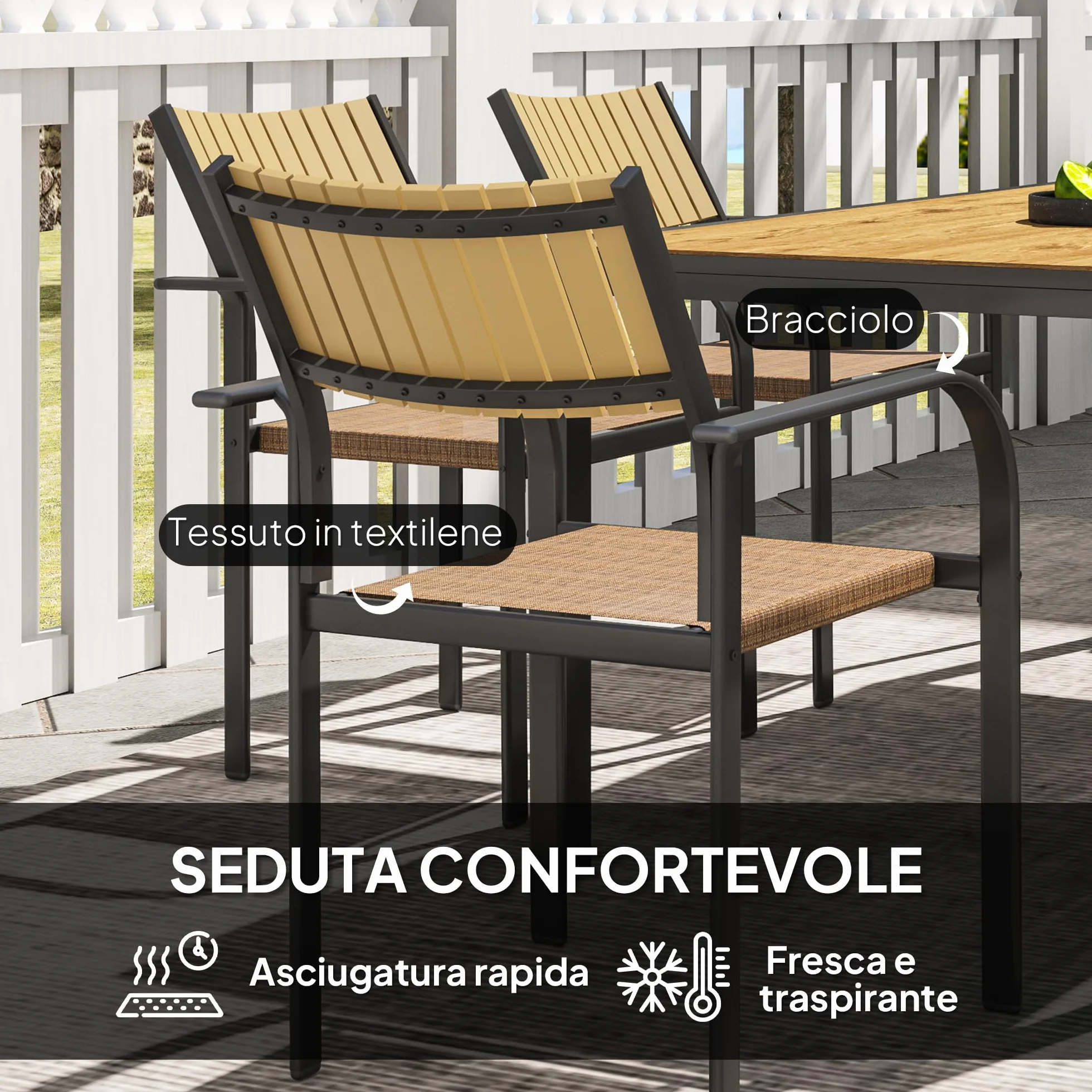 Outsunny Set Tavolo da Giardino Allungabile 7 Pezzi con Sedie Impilabili, Acciaio e Textilene, Marrone