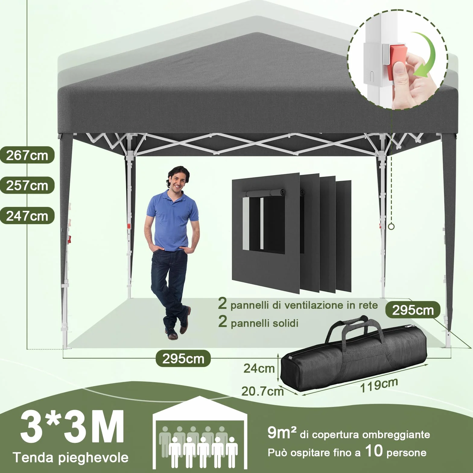 Devoko Gazebo Pieghevole 3x3 Impermeabile Stabile Invernale con Finestra a Rete Aerata, Protezione UV 50+, Tenda da Giardino Campeggio Grigio