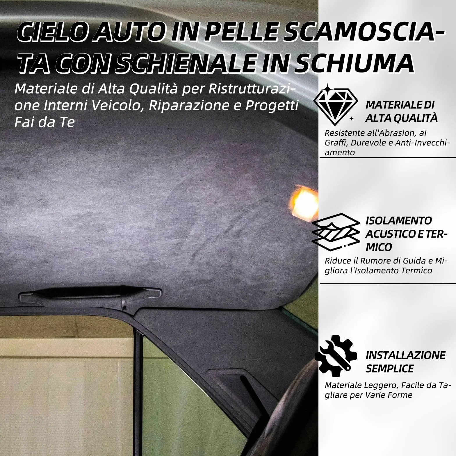 Tettoia in camoscio con dorso in schiuma per interni dell'auto, adatto per la sostituzione di cieli auto, camper, campervan e progetti fai da te (200,7 x 152,4 cm) (nero)