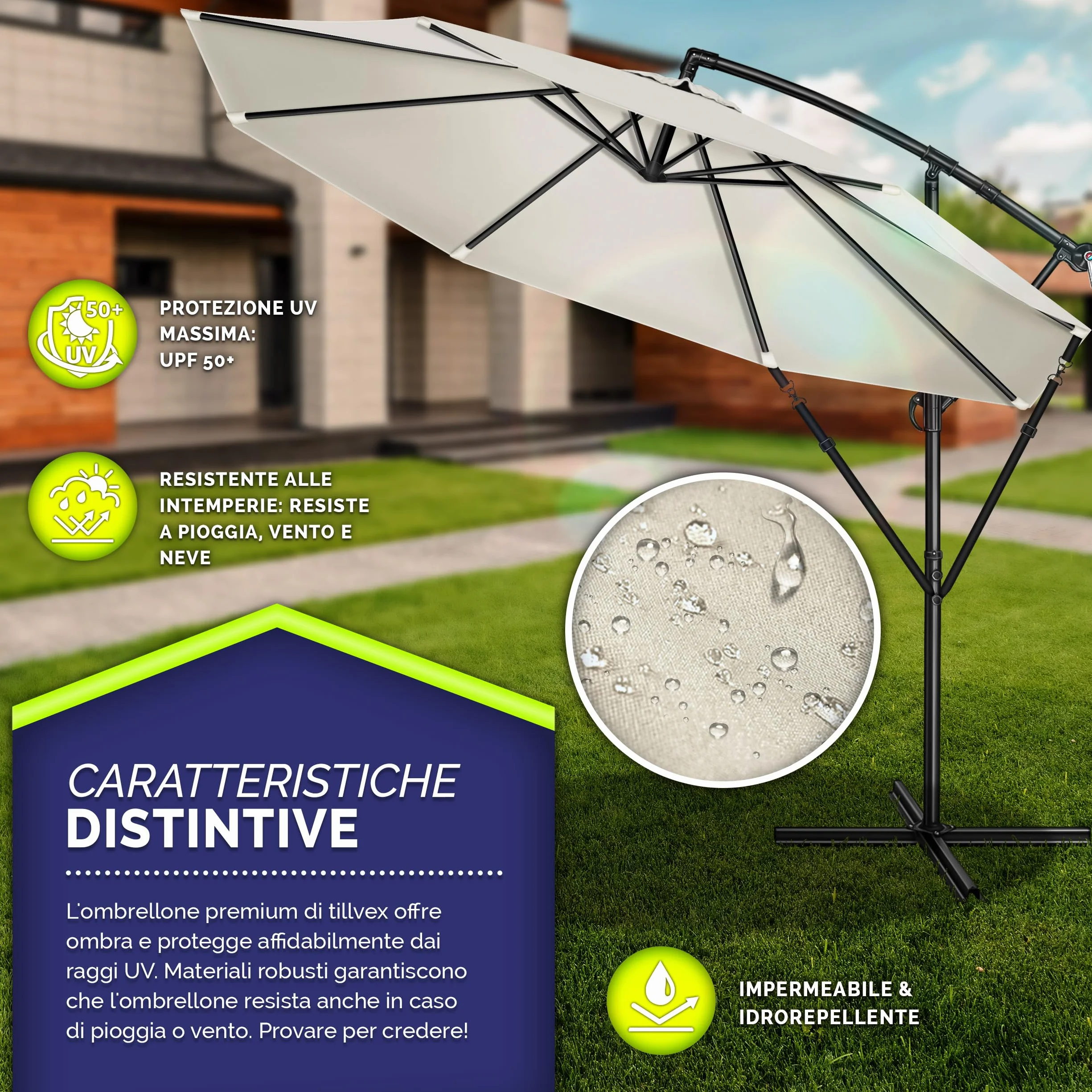 Tillvex Ombrellone da Giardino Ø 300 cm Alluminio Con Protezione UV Impermeabile Base Inclusa