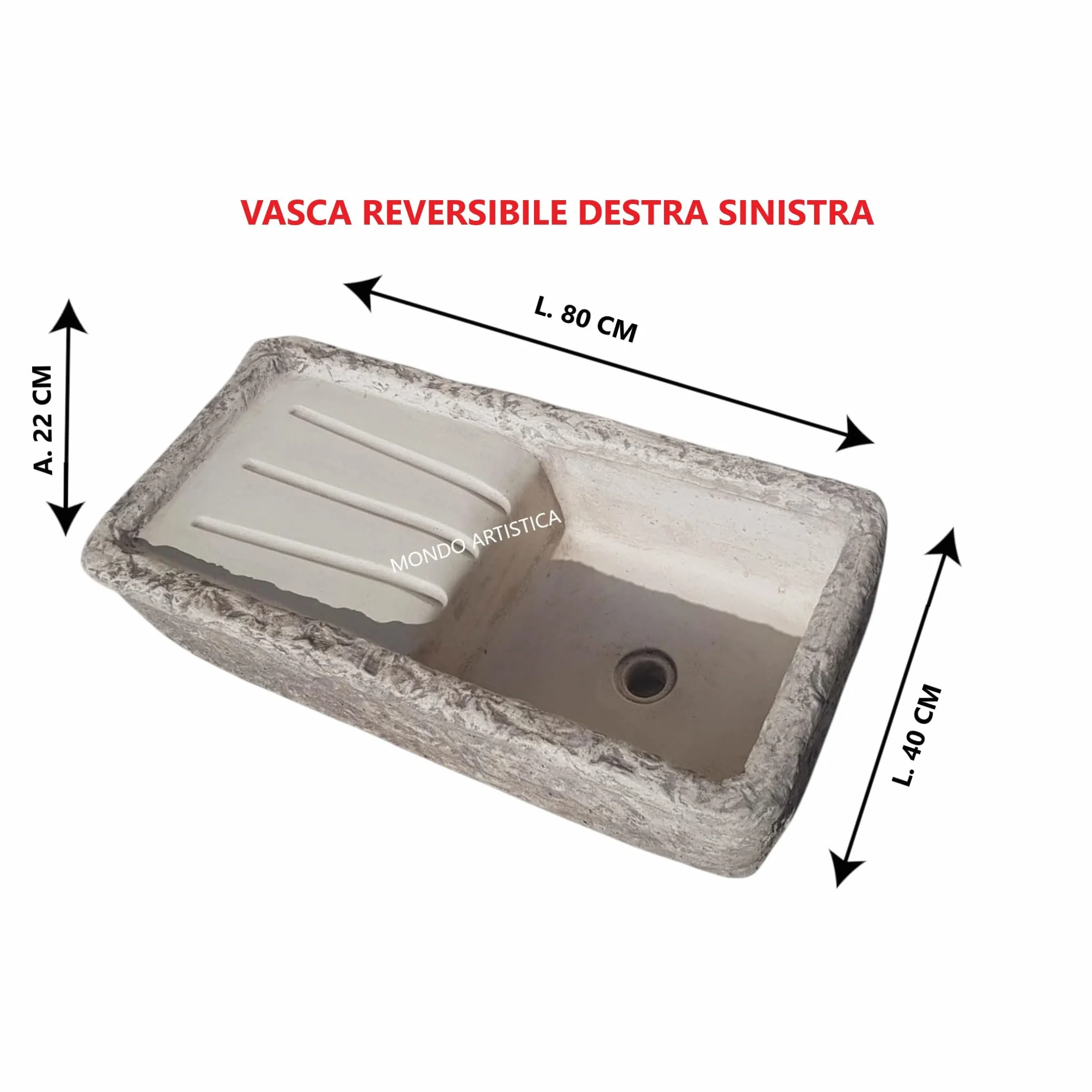 Lavandino Da Esterno, Lavabo Per Giardino, Pilozzo Con Vasca E Gocciolatoio, Fontana Altezza 22 cm, Larghezza 80x40 Cm, In Cemento Bianco E Polvere Di Marmo, Colore Sfumato Grigio, Mondo artistica