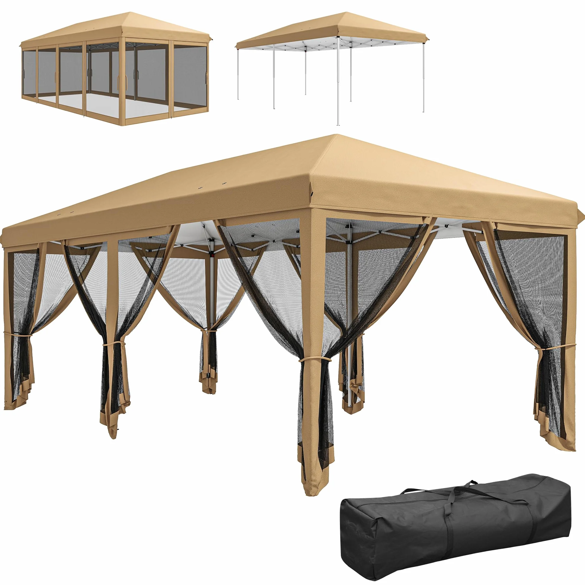 Outsunny Gazebo Pieghevole 6x3 Pop Up con Zanzariere, Acciaio, Tessuto Oxford, Beige