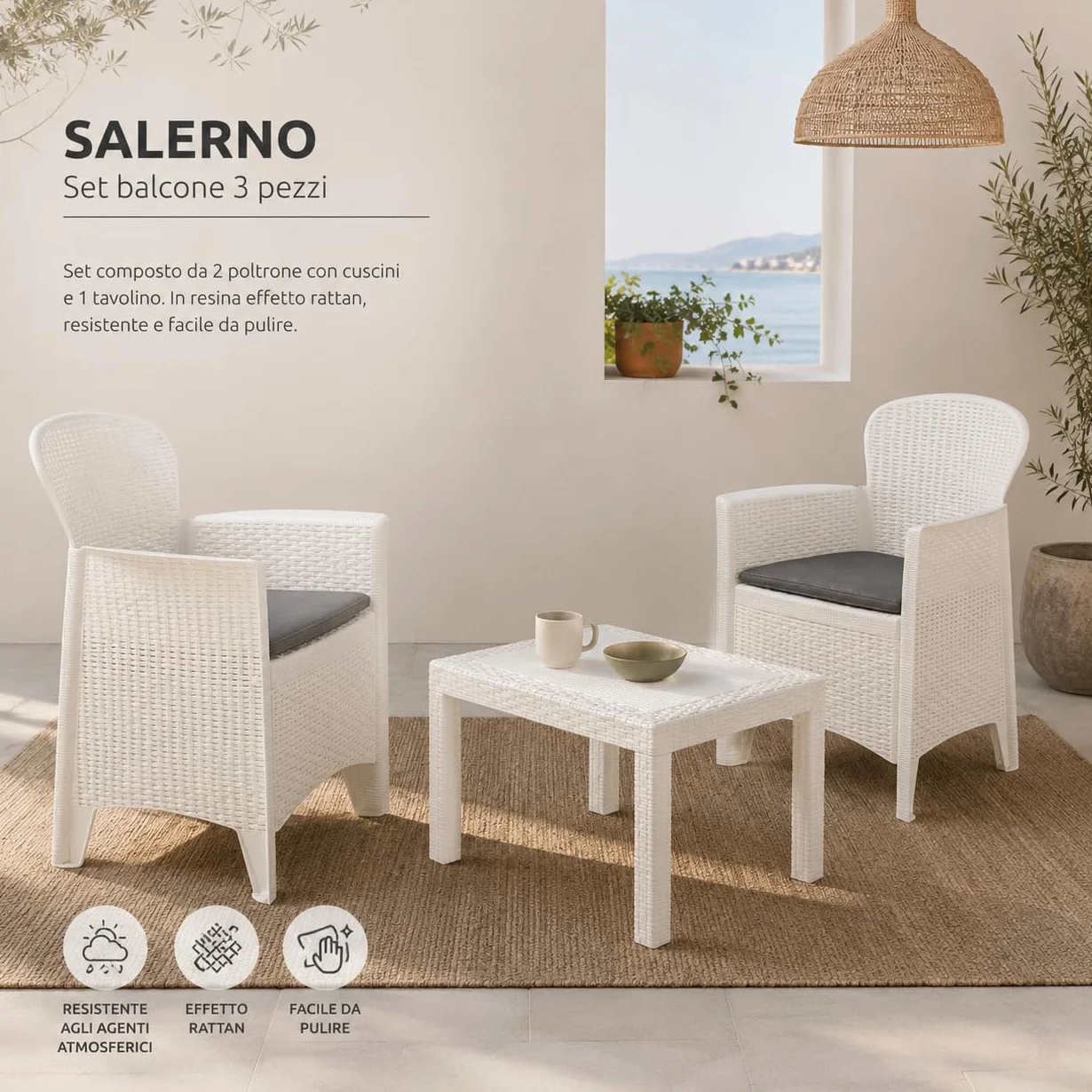 Salottino da Esterno 2 Posti Set da Giardino con Cuscini e Tavolino, Lounge Resistente alle Intemperie, Effetto Rattan Bianco 3 Pezzi