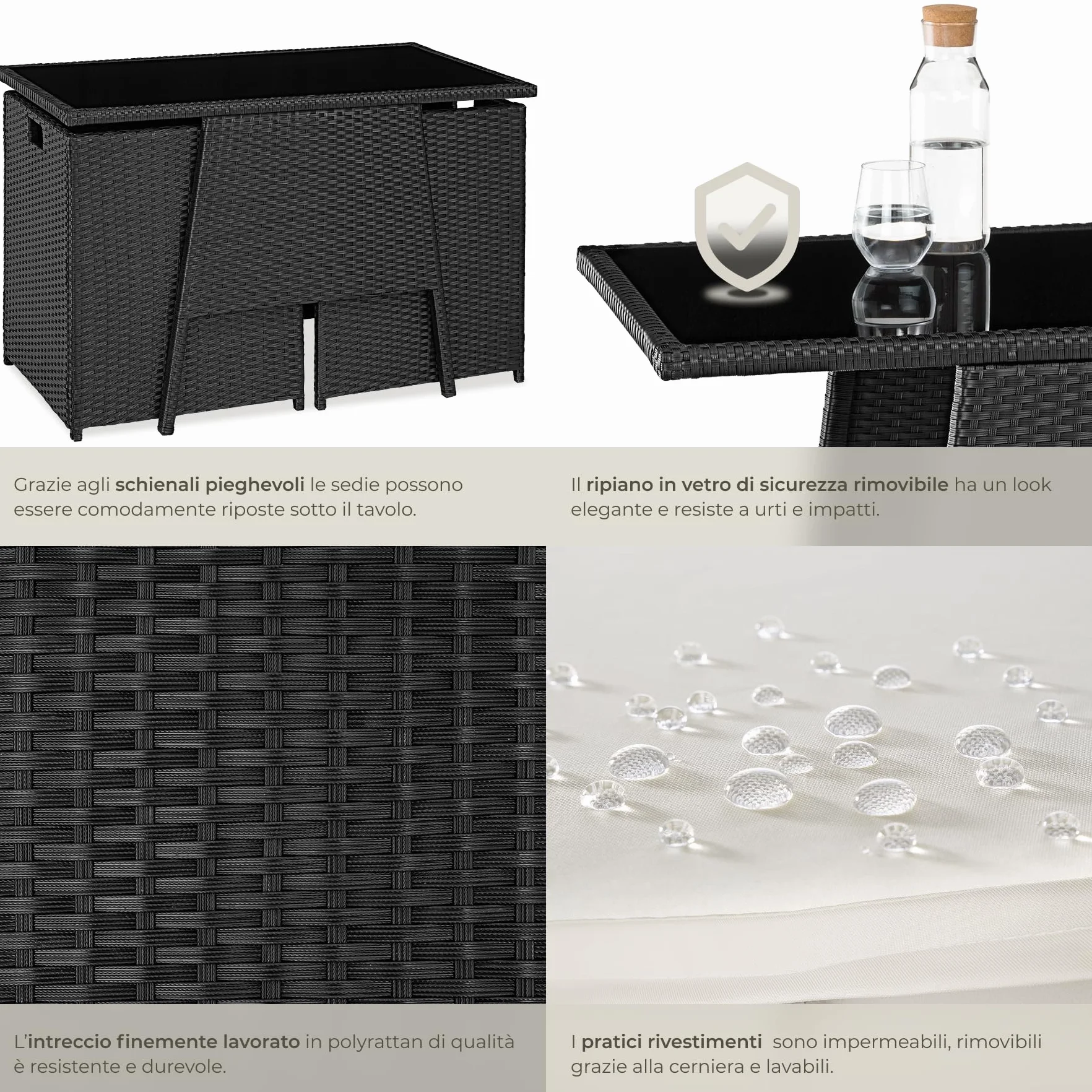tectake Salottino Rattan Losanna Set da Giardino 2 Poltrone 1 Tavolo Acciaio Vetro Nero