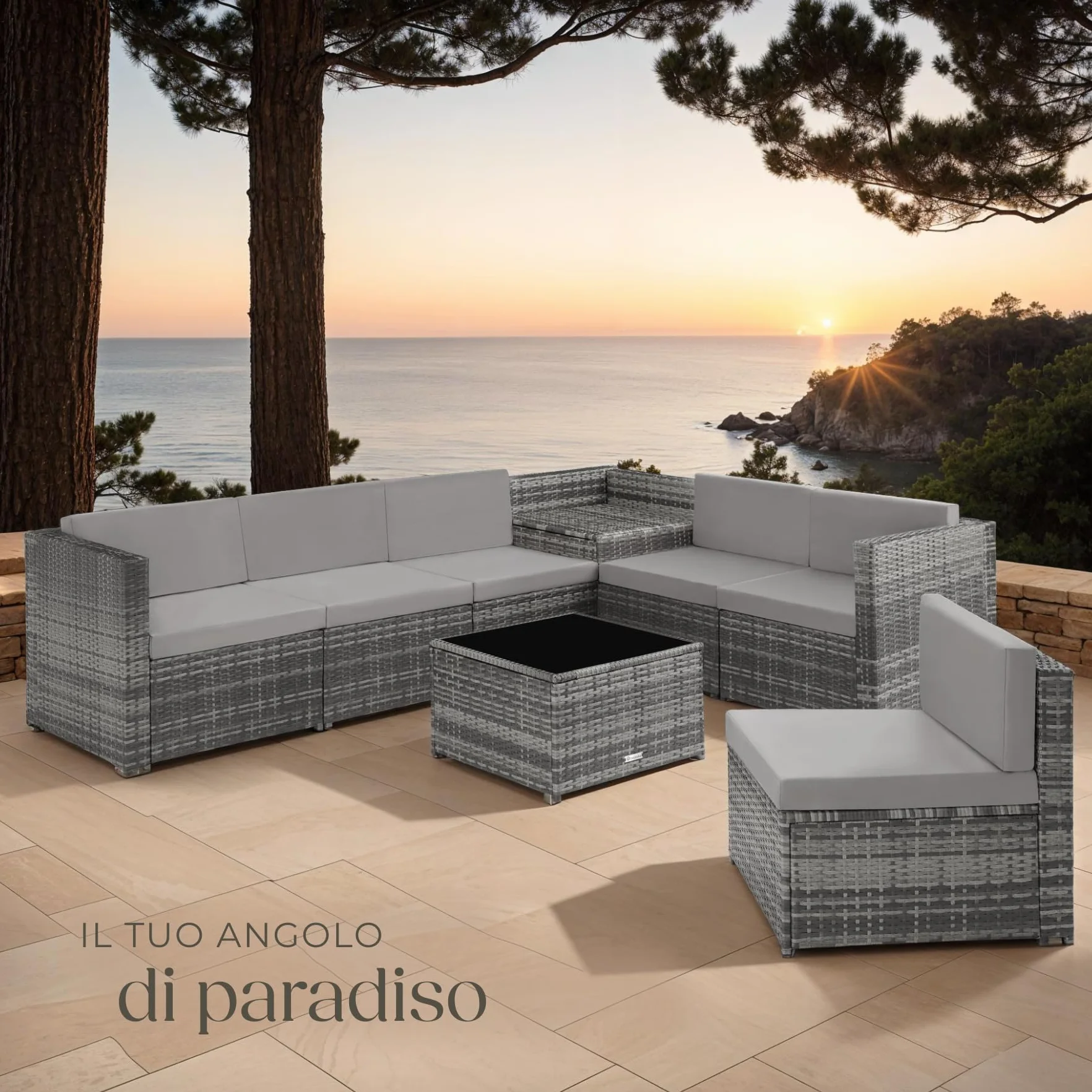 Salottino in Rattan Tectake Set da Conversazioni con Tavolo in Vetro e Box Contenitore Grigio
