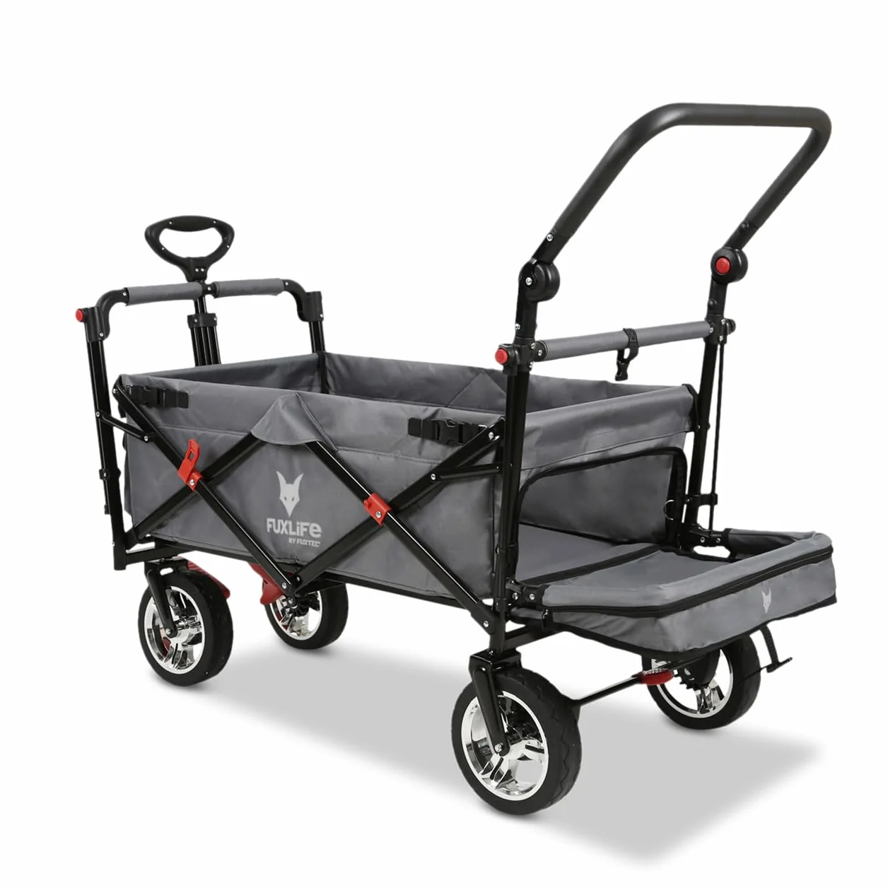FUXLIFE Carrello Pieghevole FX-CT800 Grigio • Bollerwagen richiudibile con spazio extra per le gambe • Tettuccio parasole e ruote larghe • Volume 105 L e portata 75 kg