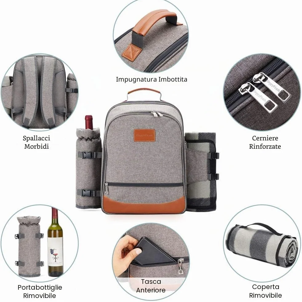 HappyPicnic Zaino da picnic isolato 4 persone stoviglie scomparto raffreddamento portabottiglie tappeto impermeabile