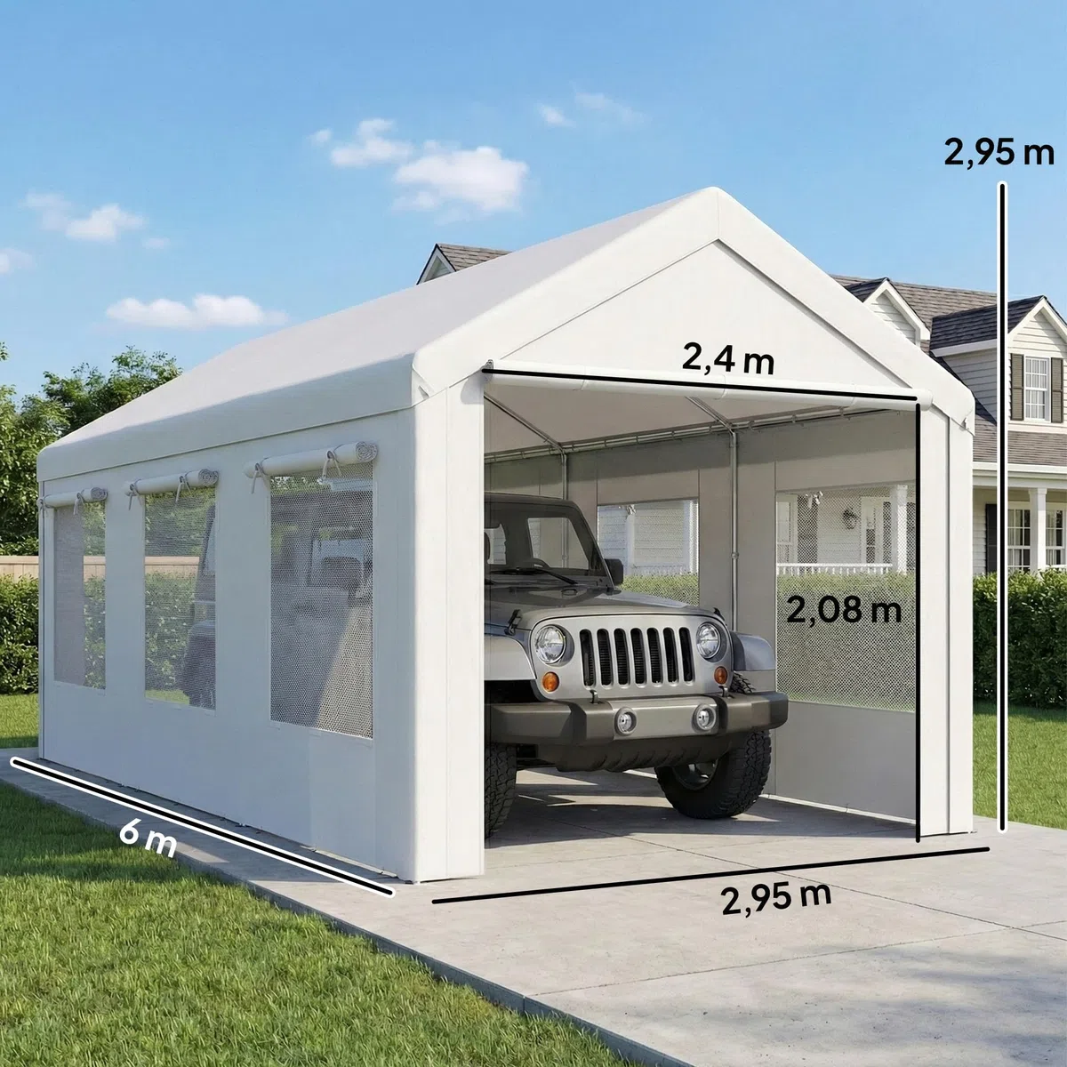 Outsunny Casetta per auto 3x6 m protezione UV30 garage mobile altezza regolabile tenda da garage acciaio zincato Ø 37 mm bianco