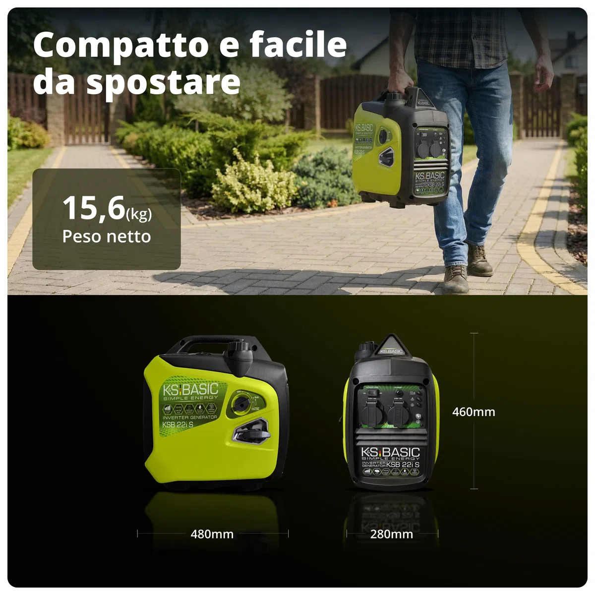 K&S BASIC KSB 22i S Generatore inverter 2000 W 4 Tempi Portatile Benzina Silenzioso per Campeggio Camper Pesca Caravan con Modalità Eco, 2x230 V Prese, Rame, Compatto Silenzioso Leggero