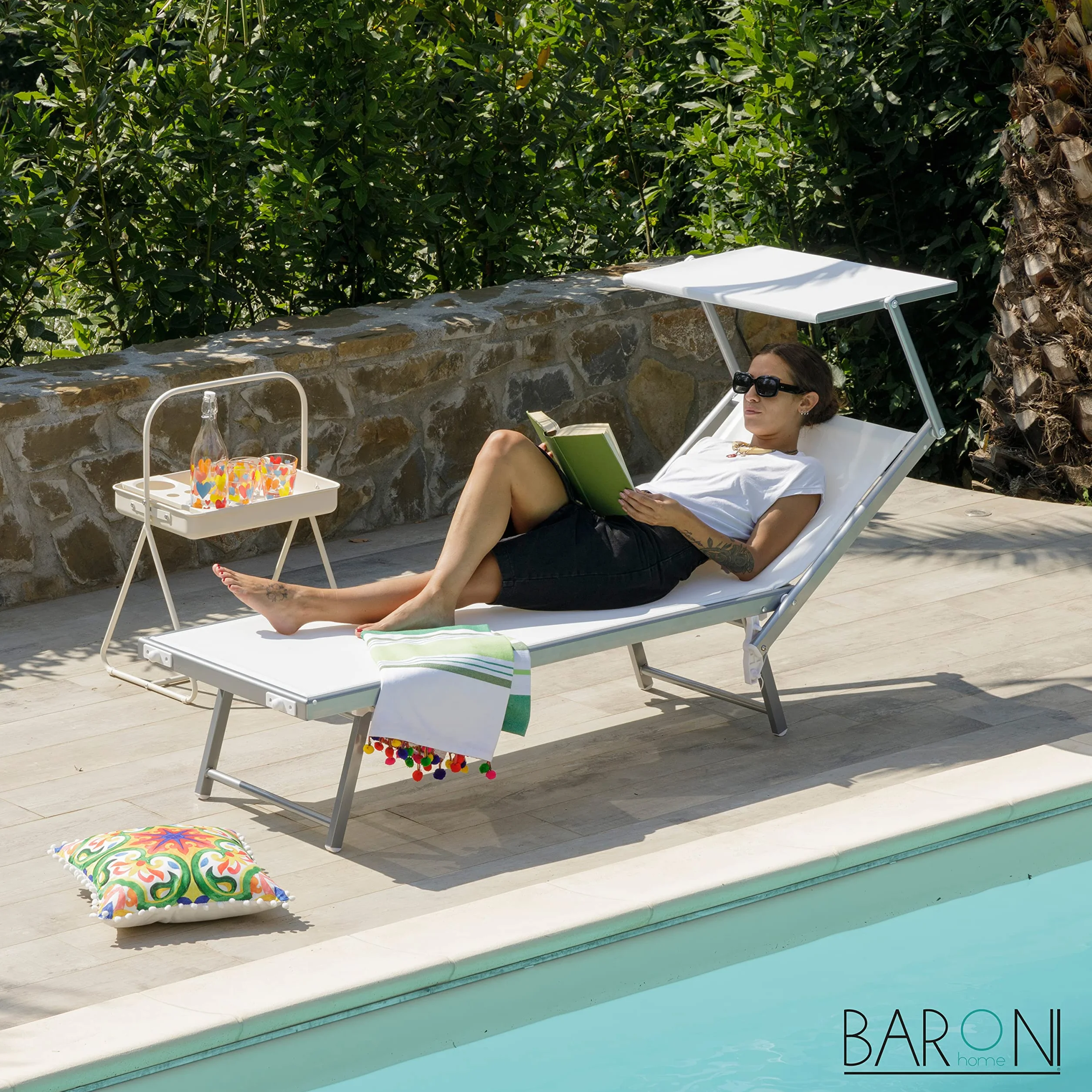Baroni Home Set 2 Lettini Prendisole in Alluminio con Tetto Parasole, 60x190x35 Bianco
