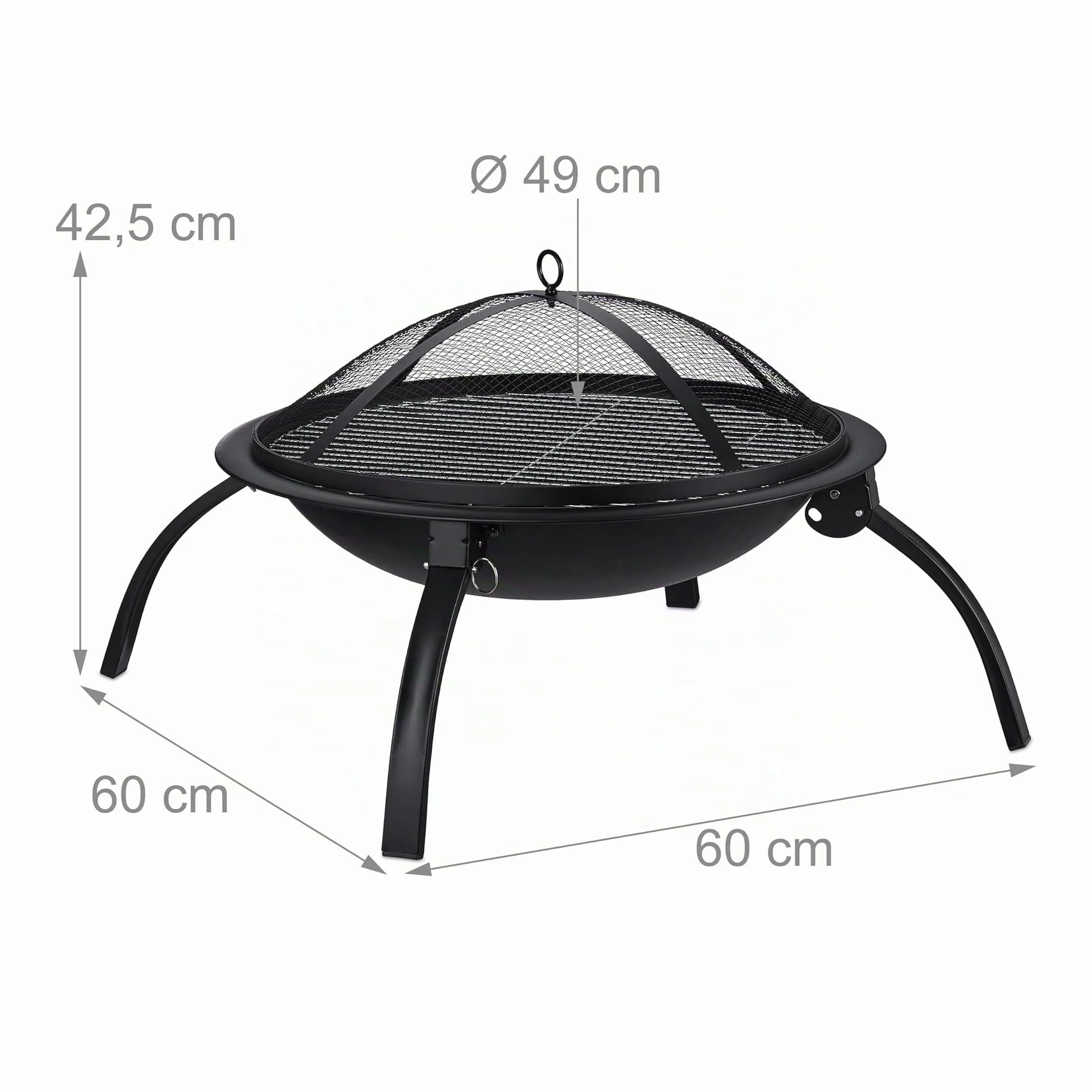 Relaxdays Braciere XL z Graticola, Coperchio Parascintille, ∅56,5 cm, Czarny