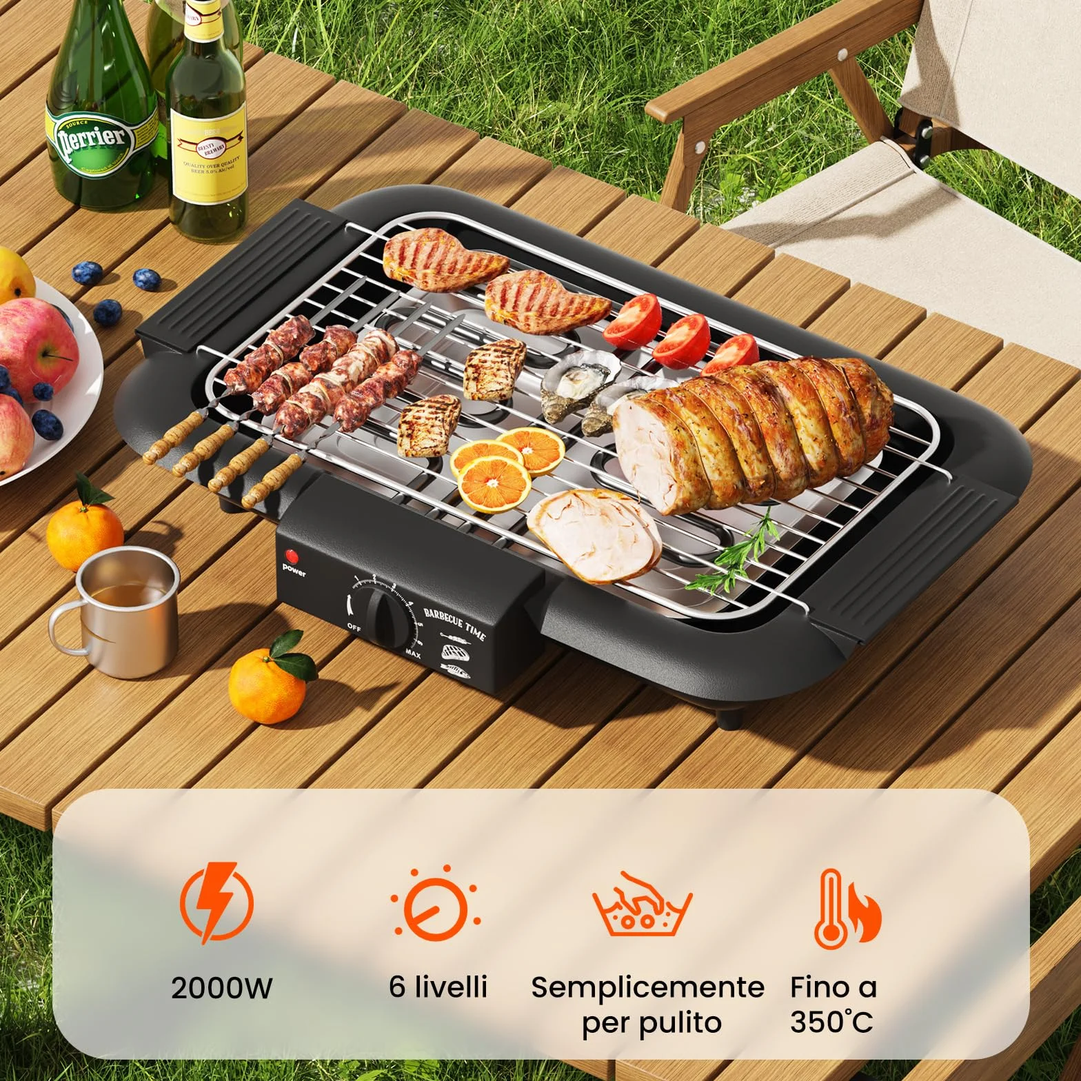 Barbecue elettrico 2000 W antiaderente senza fumo per interni esterni griglia portatile rimovibile doppio tubo nero