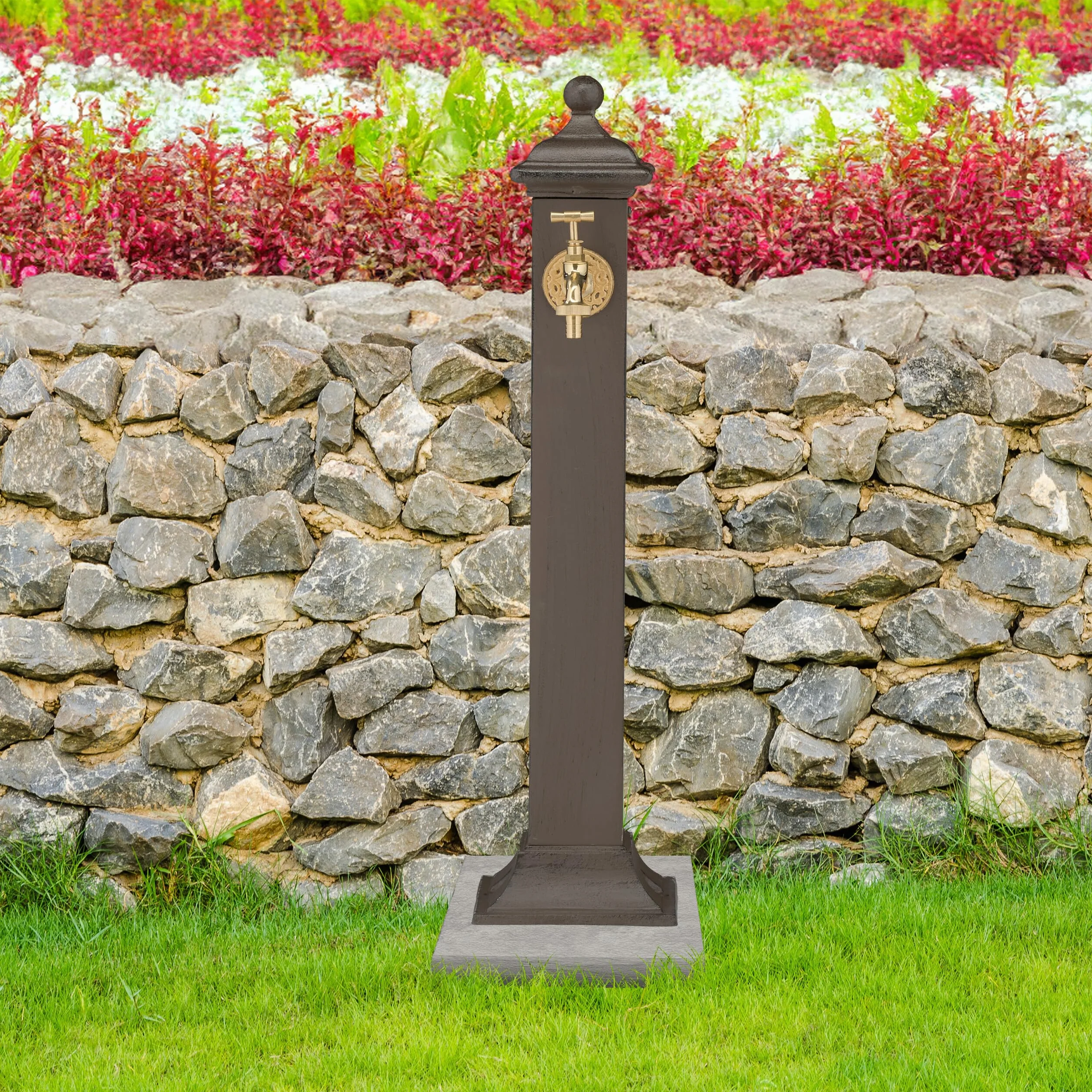 Relaxdays Fontana da Giardino in Stile Antico, Fontanella a Colonna con Rubinetto Acqua, HLP: 71x17x21 cm, Marrone Scuro