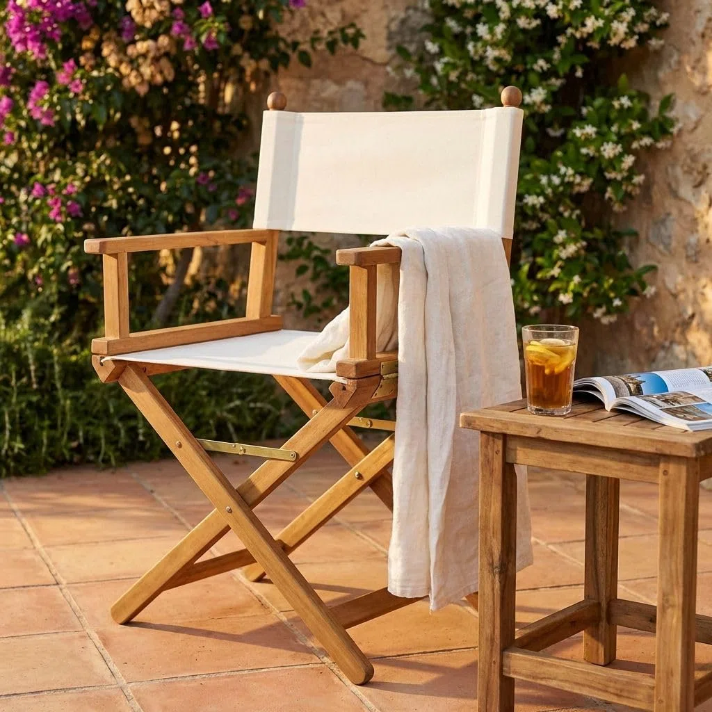 Milani Home Poltrona da Giardino Pieghevole Legno di Acacia con Braccioli Seduta Ecrù