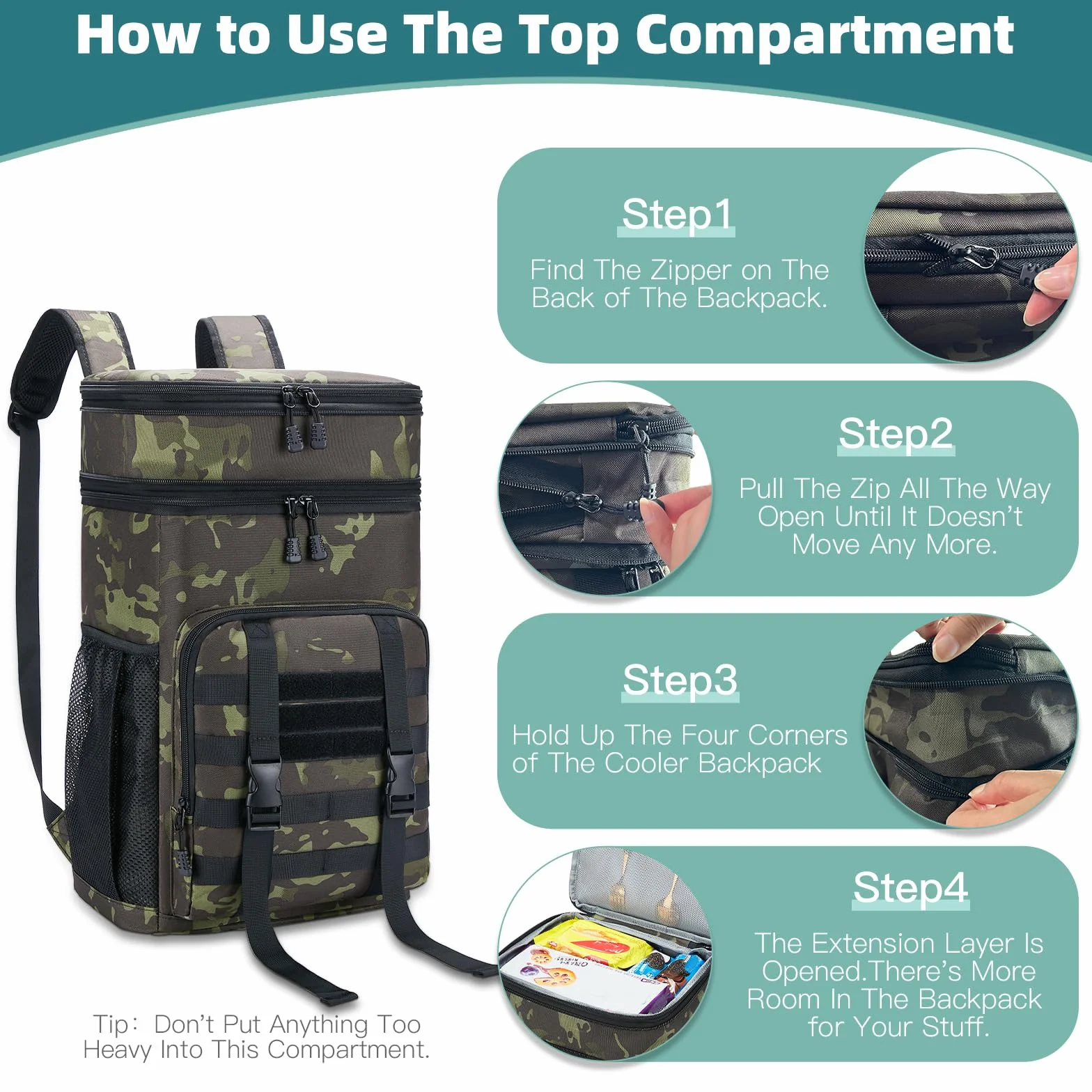 Borsa termica zaino 30L borsa frigo grande regolabile isolata picnic campeggio spiaggia Nero mimetico