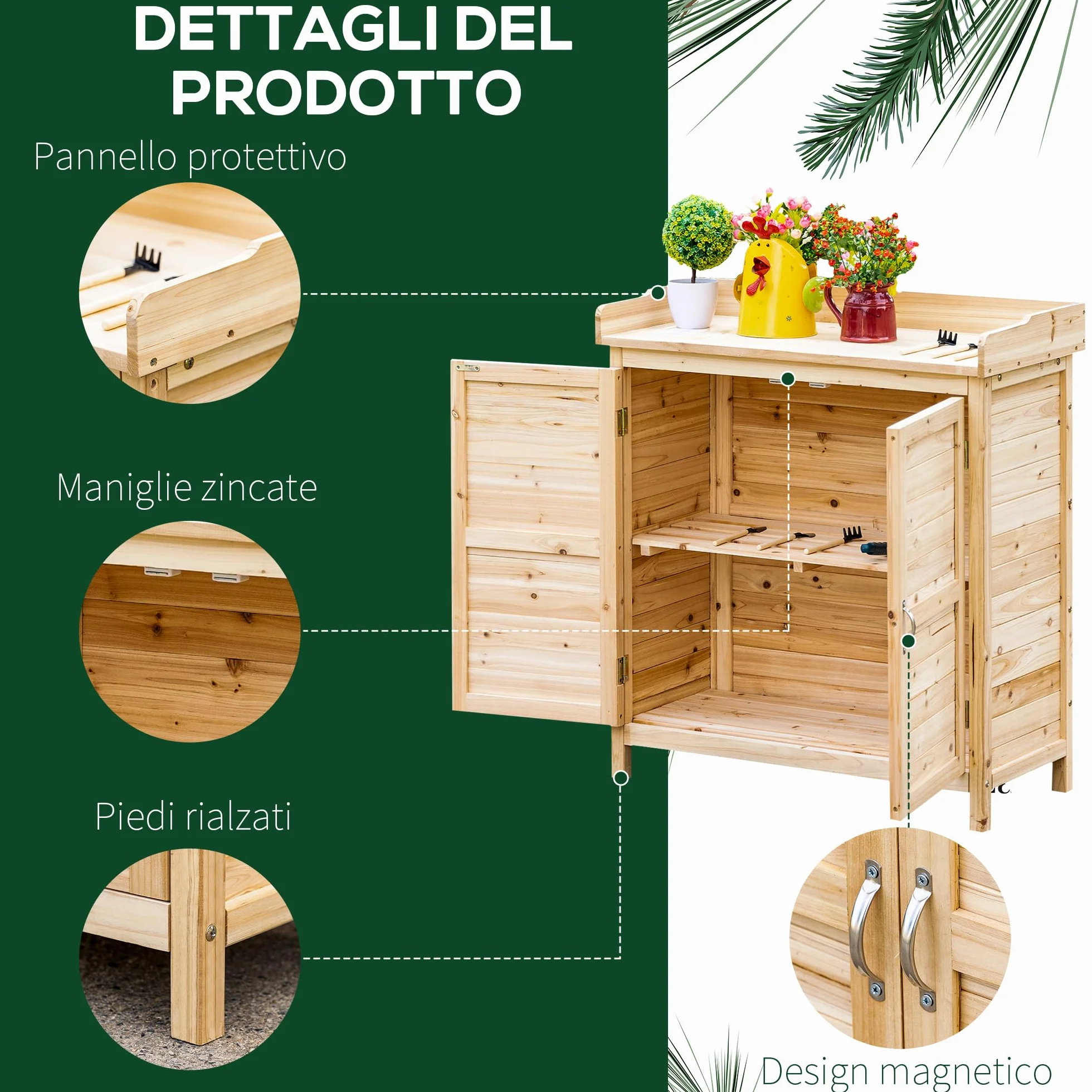 Outsunny Armadietto da Esterno a 2 Ripiani in Legno di Abete con Design Rialzato e 2 Ante, 83x40x92 cm, Color Legno