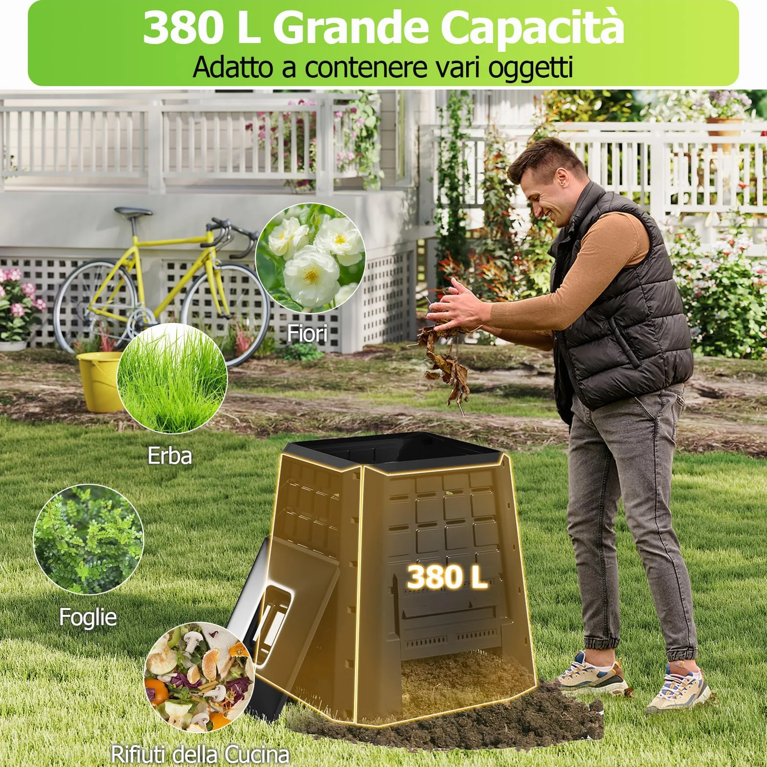 RELAX4LIFE Compostiera da Giardino da 380L, Contenitore per Compostaggio con Accesso Frontale, Ideale per Rifiuti da Giardino e Cucina