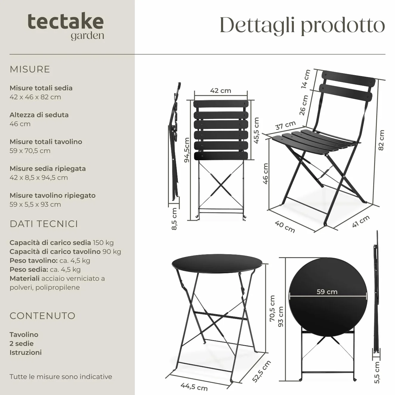 Tectake Set Bistrot Pieghevole per 2 Persone Telaio Acciaio Tavolo e Sedie Giardino Nero