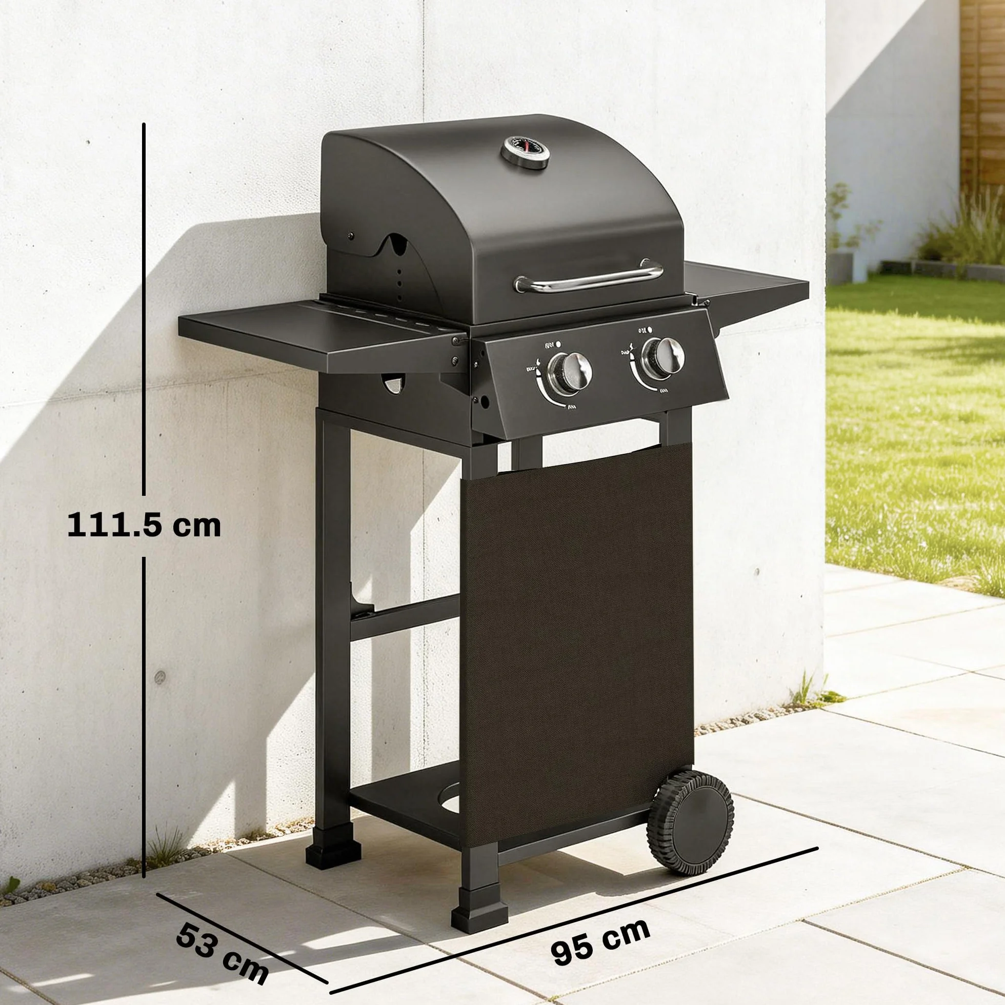 Outsunny Barbecue a Gas 2 Bruciatori 5.4 KW BBQ Portatile con Griglia Ripiani Pieghevoli Coperchio Termometro Ruote Nero