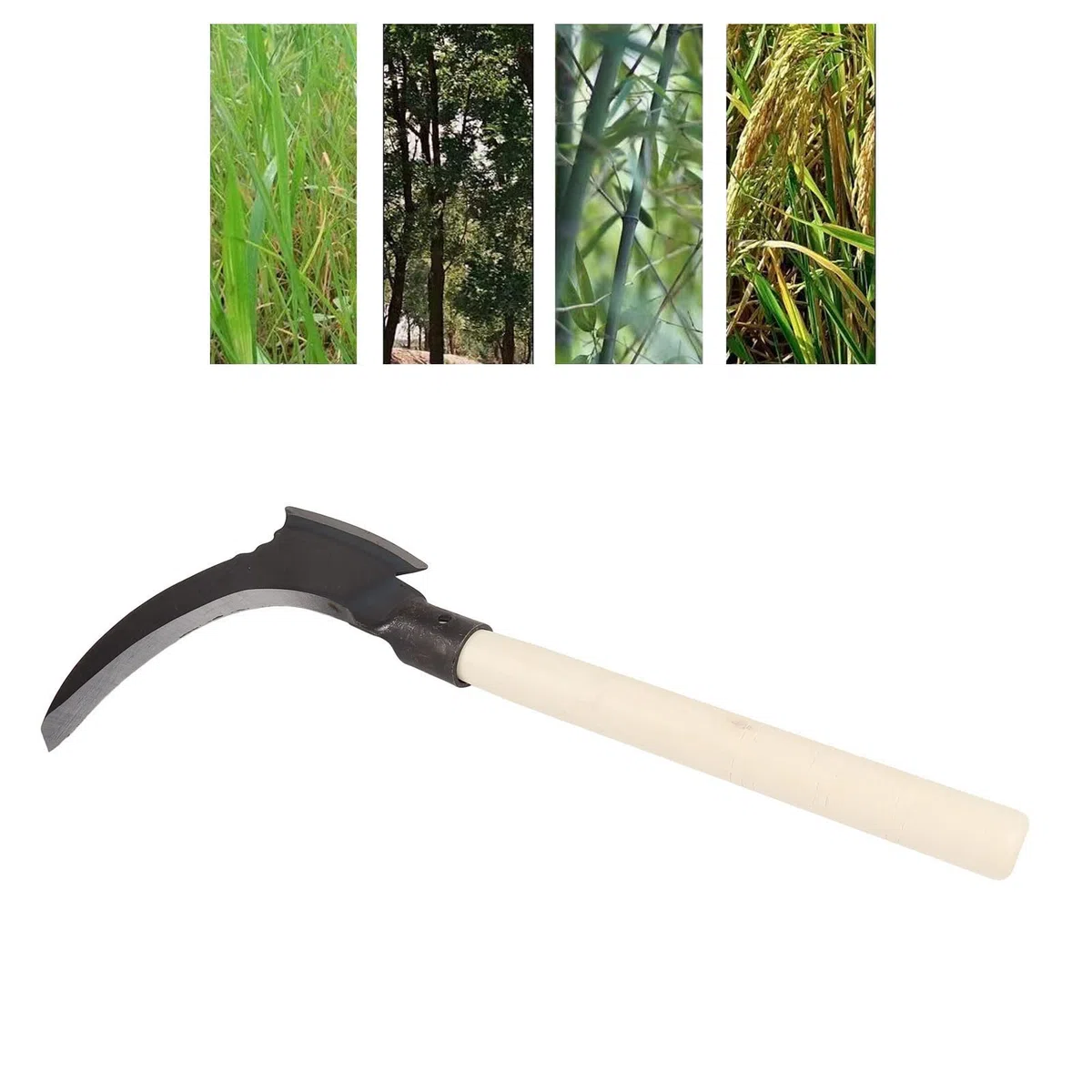 HEEPDD Falce per in Acciaio al Manganese Alto, Doppia Falce Falce per Pulizia Falce per da Giardinaggio Multiuso (Testa di Taglio Singola, Bastone di Legno)