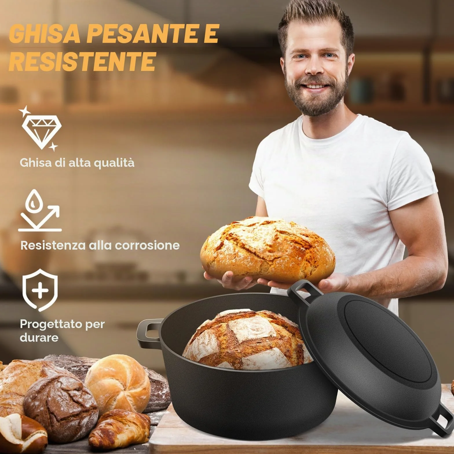 Pentola in ghisa olandese NZQXJXZ per la cottura del pane, casseruola con coperchio, fornelli, 2 in 1 con padella, 5QT
