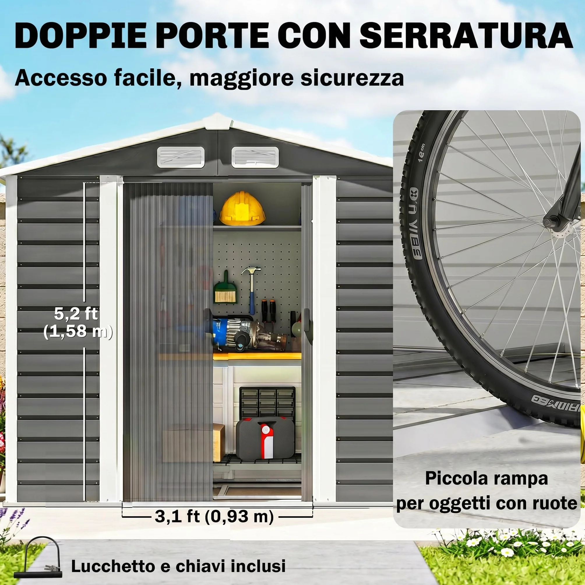 Outsunny Casetta da Giardino 2.36 m² Lamiera d'Acciaio 4 Prese d'Aria 2 Porte Scorrevoli Capanno Porta Attrezzi Tetto Inclinato 213x120x194 cm Grigio Scuro