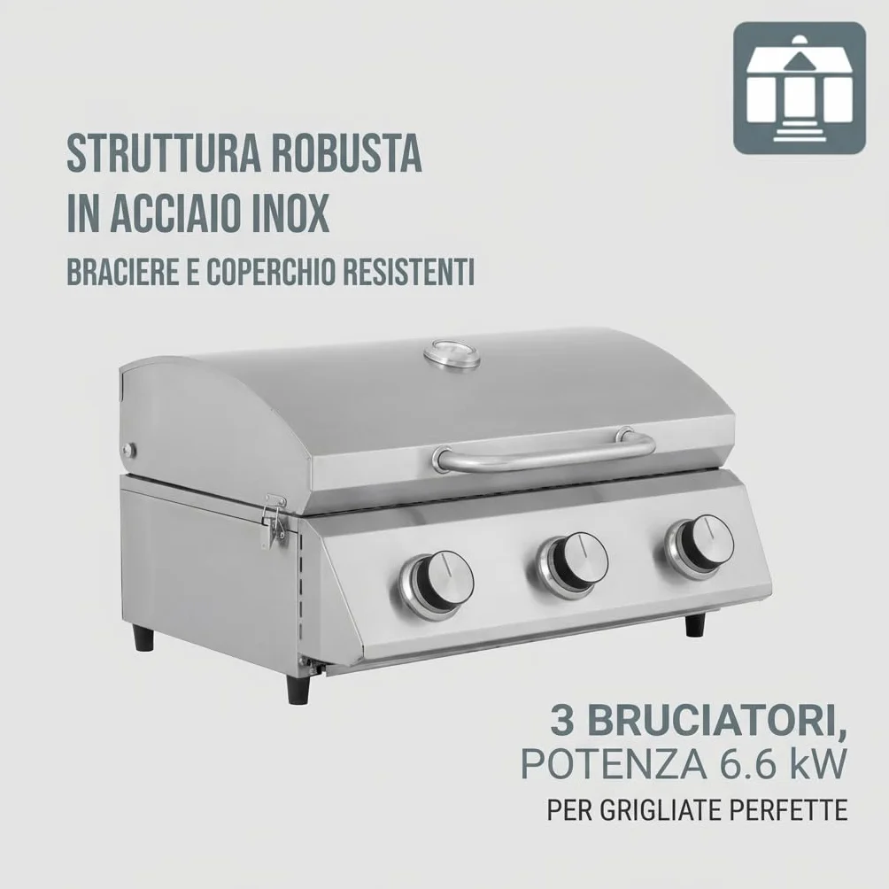 Tarrington House Barbecue a Gas 3 Bruciatori Cathan, Acciaio Inox 6.6 kW, Coperchio con Termometro, Accensione Elettrica