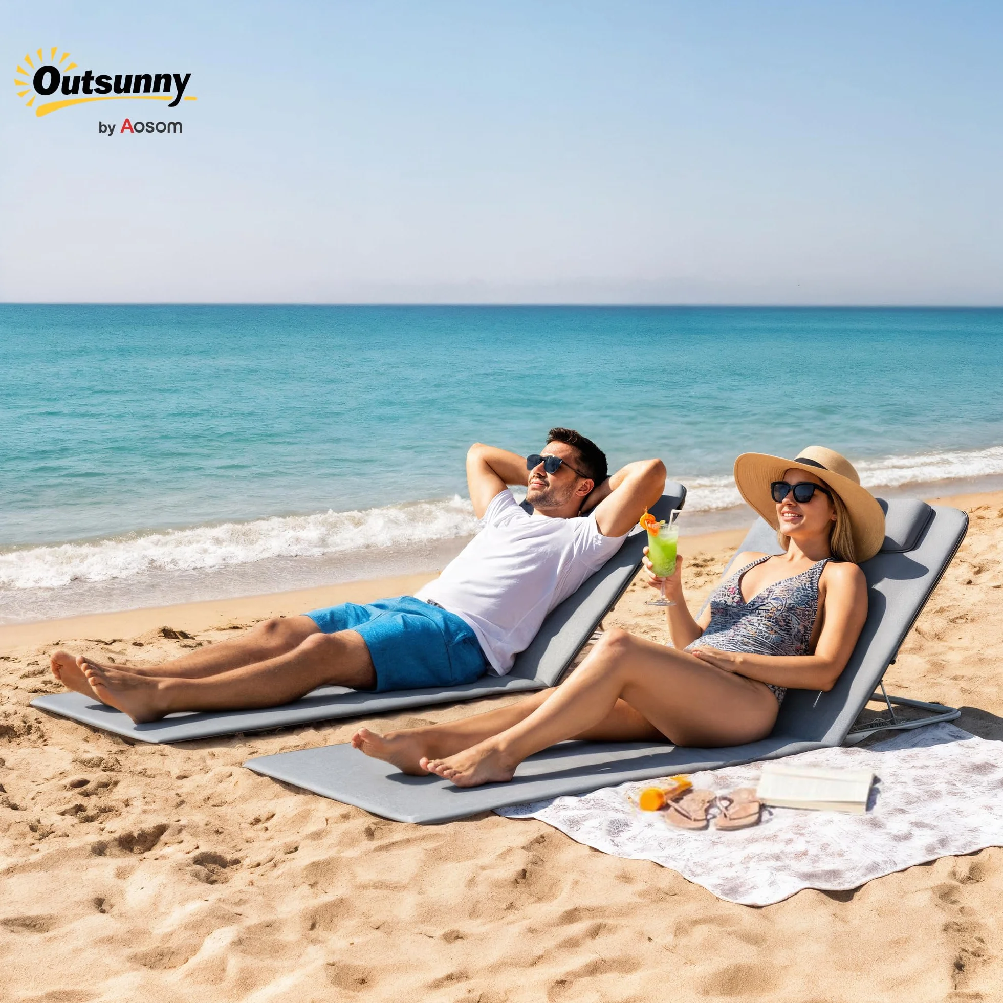 Outsunny Sdraio da Spiaggia Pieghevole 2 Pezzi con Schienale Regolabile, Acciaio e PE, 134x48x33-43 cm, Grigio