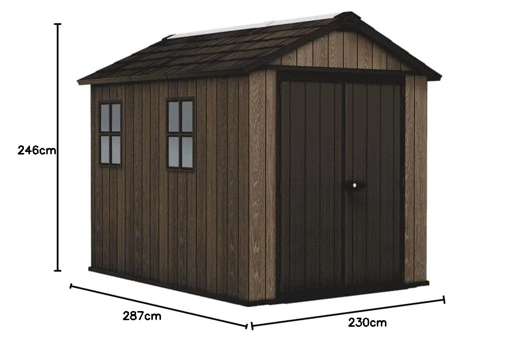 Keter Casetta da Giardino Apex 759/975 Walnut, Effetto Legno Noce Naturale, Porte e Finestre Orientabili, 5,2 m², 230x287x246H cm