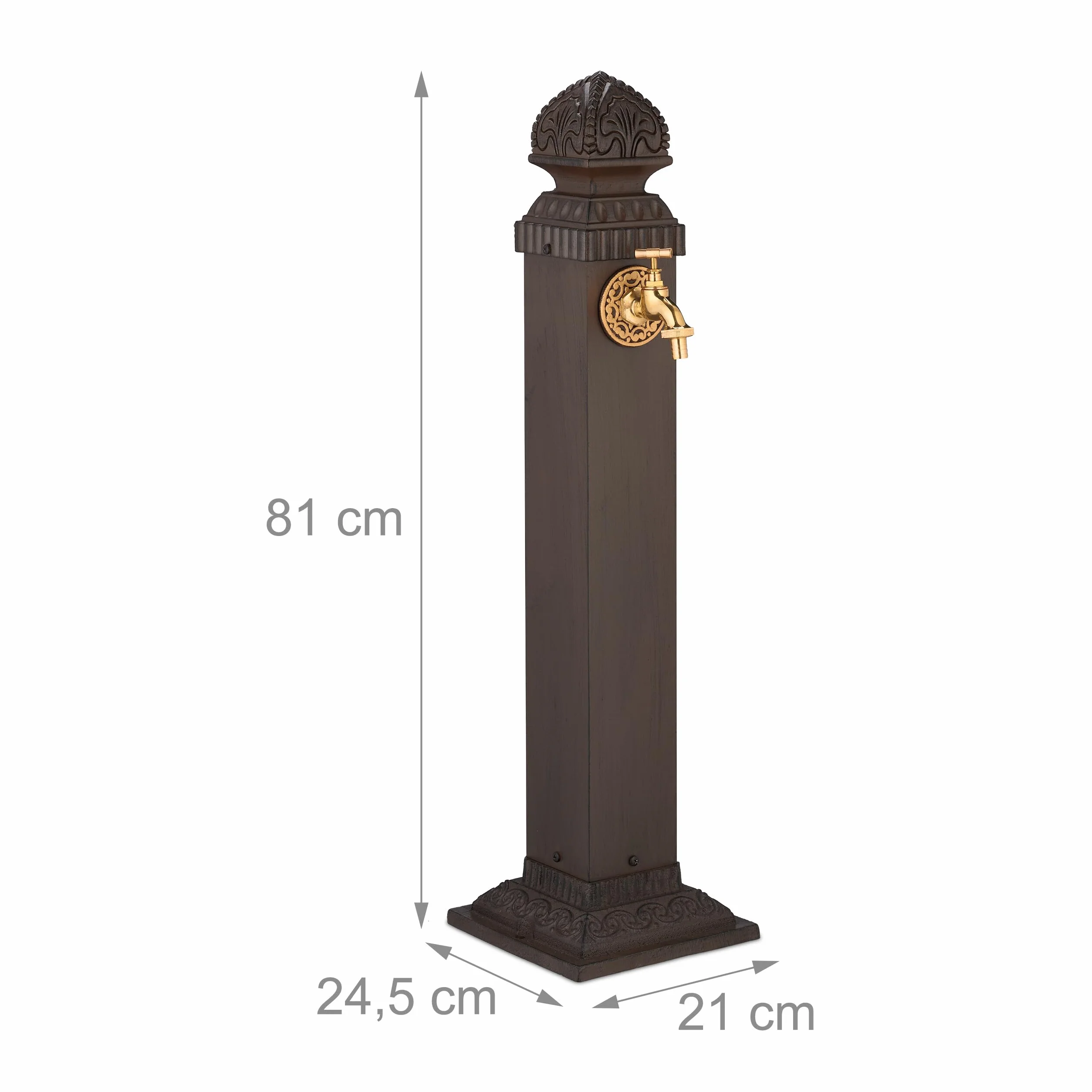 Relaxdays Fontana da Giardino in Stile Antico, Fontanella a Colonna con Rubinetto Esterno, HLP: 81x21x24,5 cm, Marrone