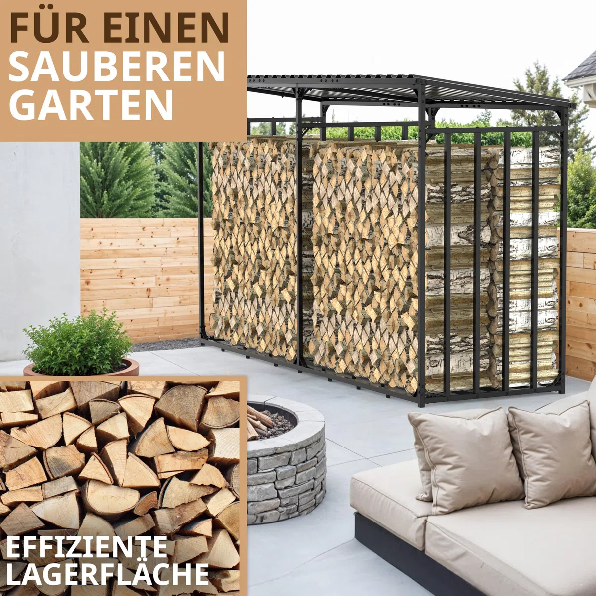Zewnętrzny stojak na drewno metalowy z dachem 300x105x185 cm