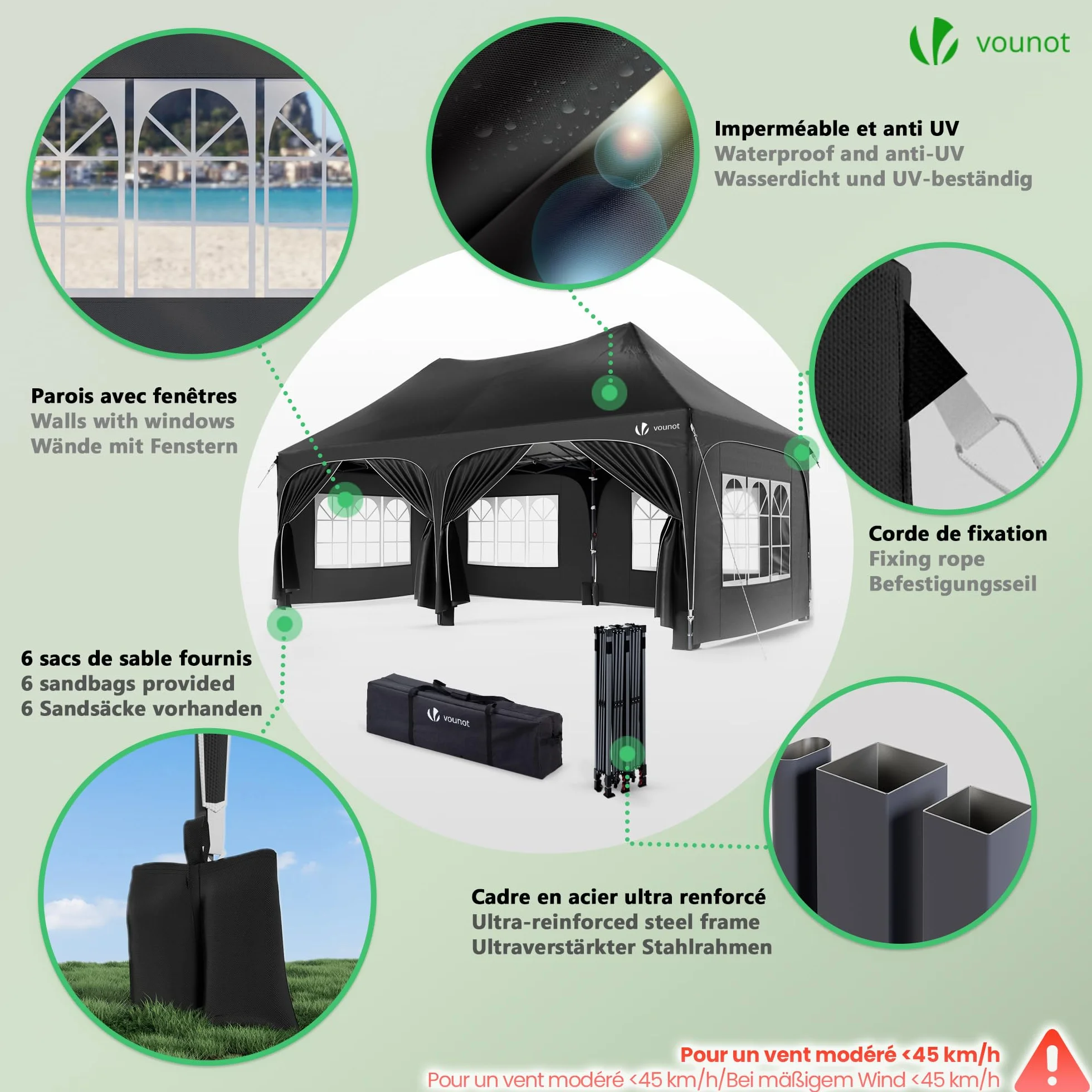 VOUNOT® Gazebo Pieghevole 3x6m Impermeabile con 6 Pareti Laterali Nero