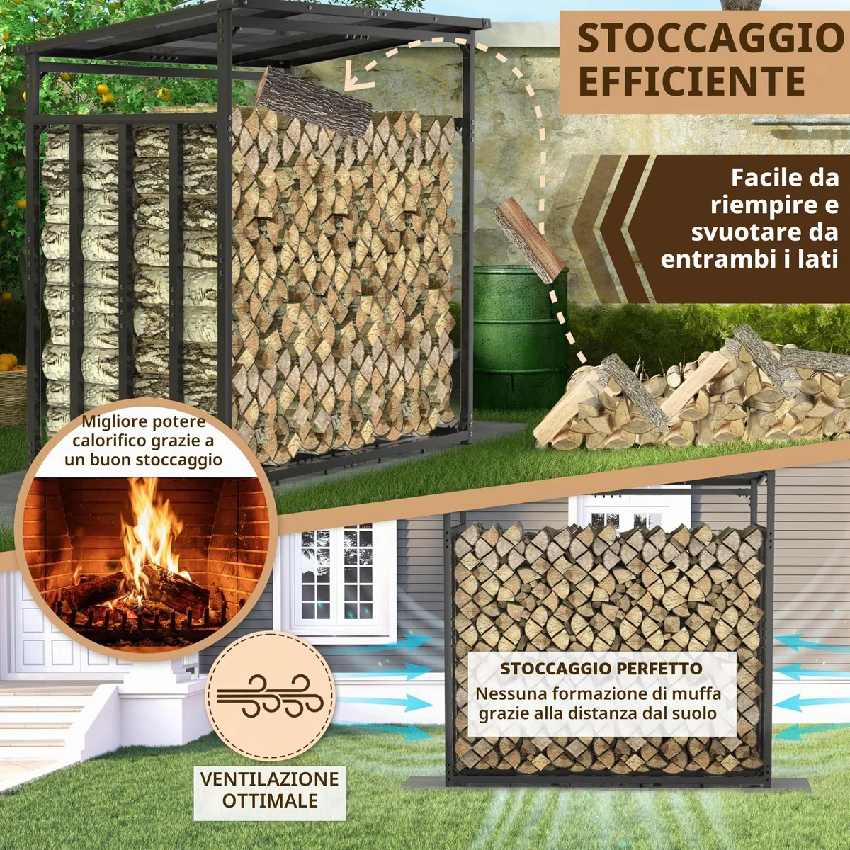 LAWA portalegna da esterno metallo zincato 185x105x185 cm 4x4cm portata 3,5t con tetto rastrelliera per legna