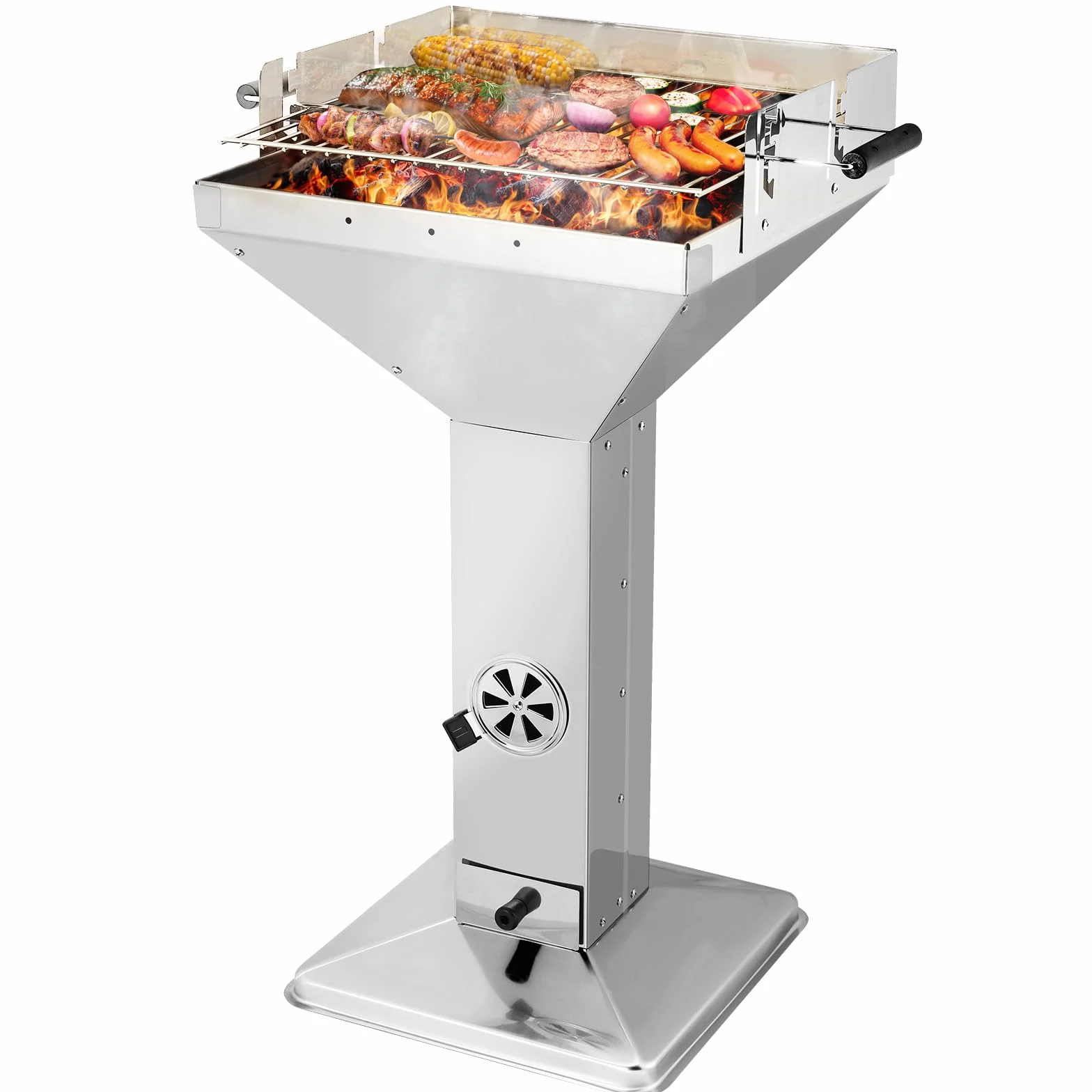 TLGREEN Barbecue a colonna in acciaio inox 63x48x92cm con griglia cromata e altezza regolabile