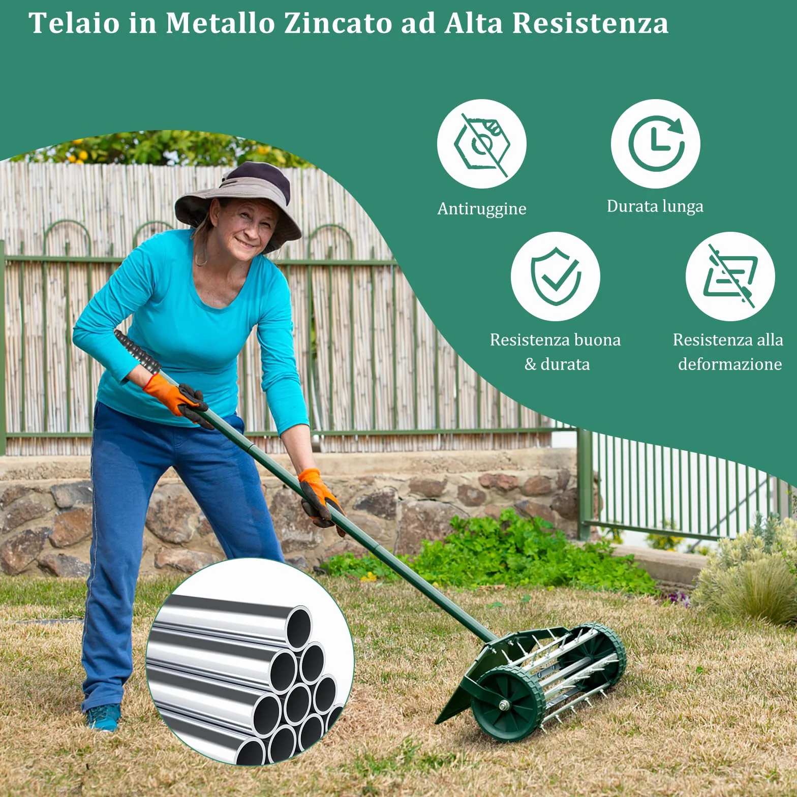 COSTWAY Arieggiatore per Prato, Rullo Arieggiatore da Prato con Parafango, Arieggiatore Manuale per Prato Giardino Terreno, 46 x 23 x 127 cm