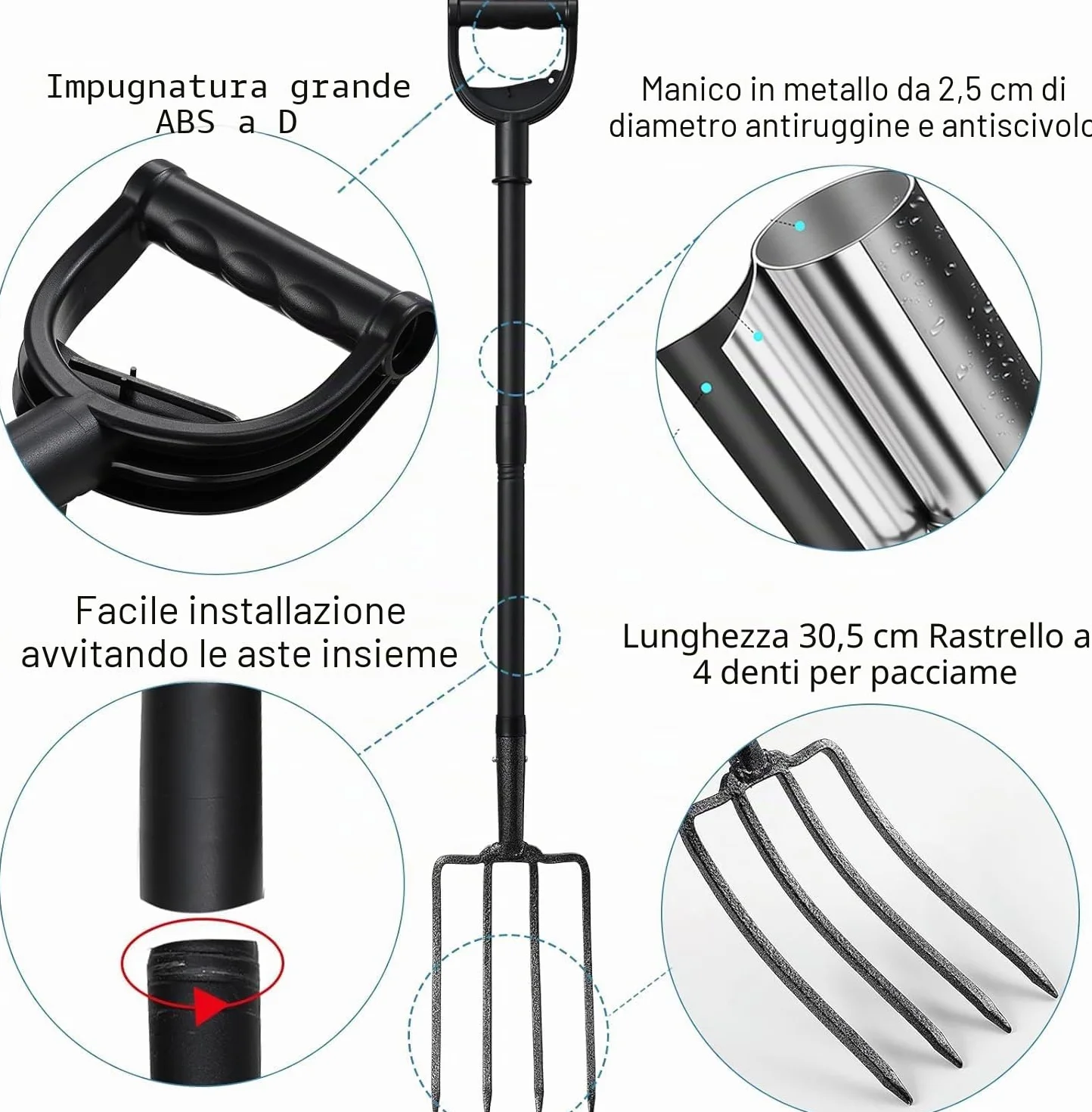 Forca per Vangare, 127cm Forca da Scavo da Giardino a 4 Denti in Acciaio con Manico a D in Metallo, Testa Forgiata 28cm, Ideale per Terreni Duri e Trapianti/Nero
