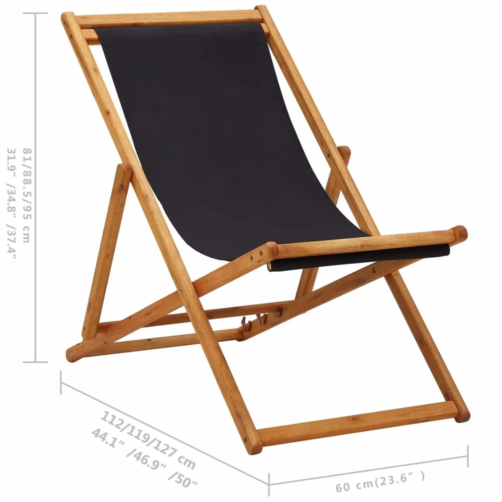 vidaXL Sedia pieghevole da spiaggia in legno di eucalipto e tessuto, colore: nero