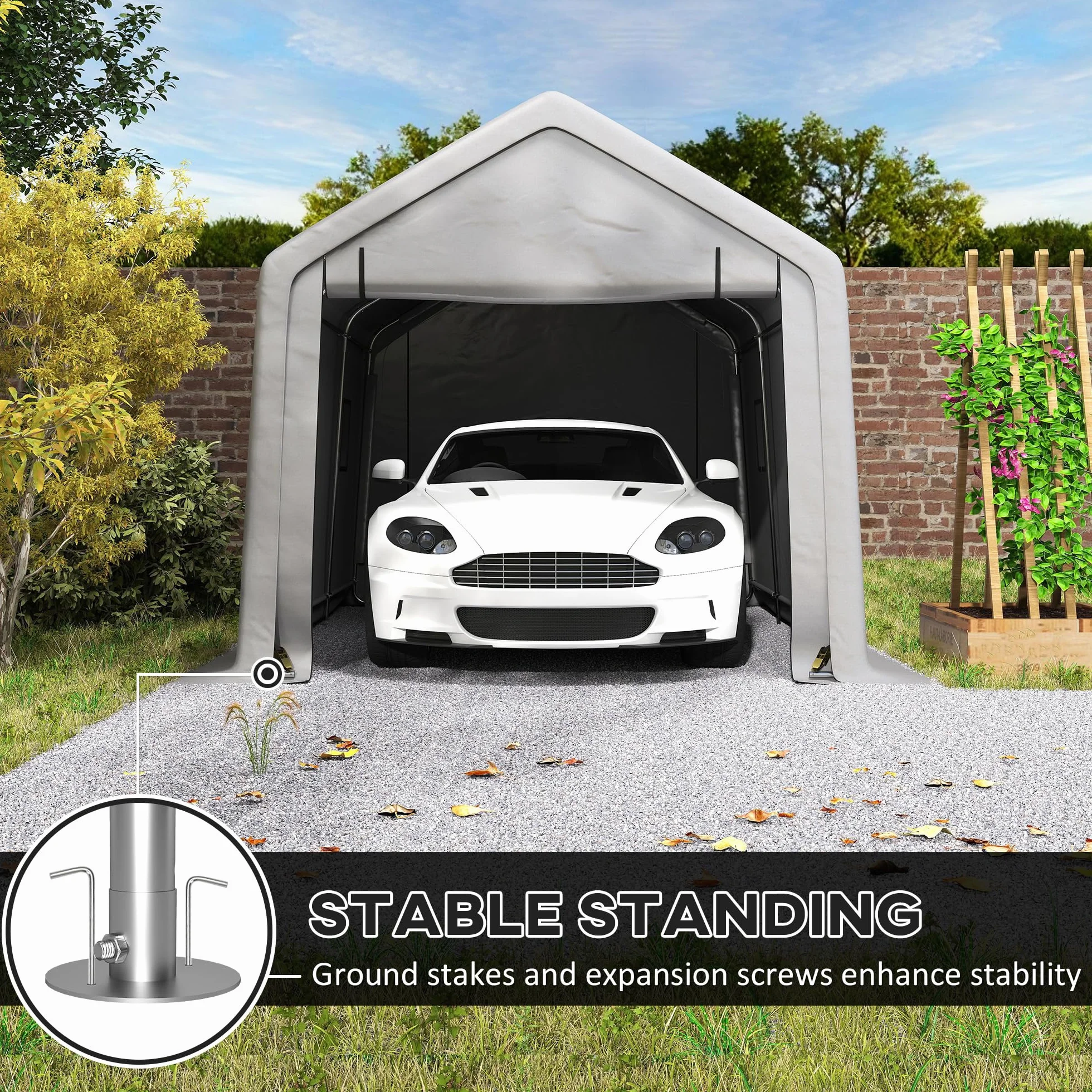 Outsunny Carport tenda da garage 3 x 5,2 m, tettoia per auto all'aperto, tenda di stoccaggio con porta avvolgibile rimovibile, tettoia per auto, camion, barca, grigio