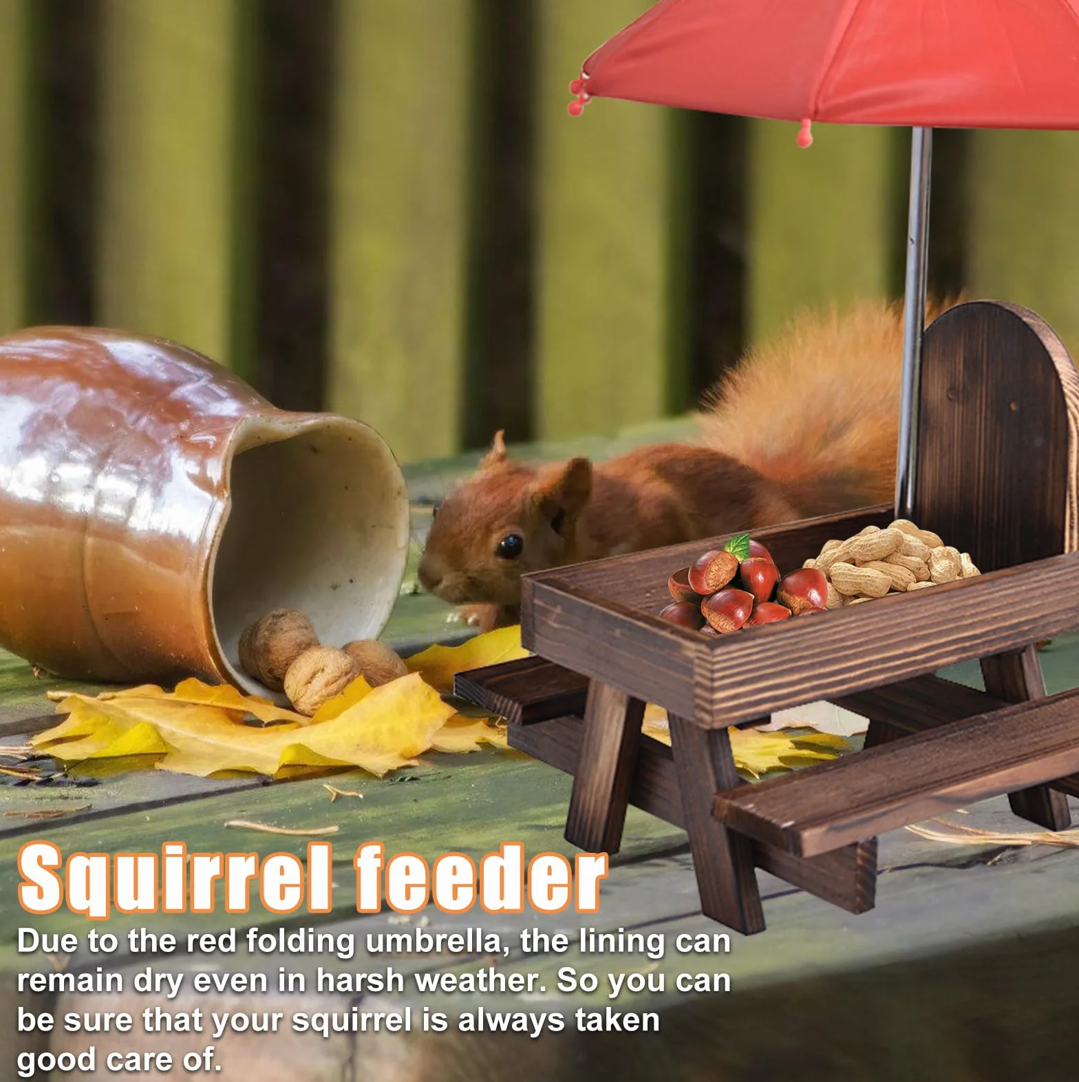 Scoiattolo casetta con ombrello: tavolo da picnic in legno con supporto per pannocchie, resistente alle intemperie, per scoiattoli Chipmunk Wildlife