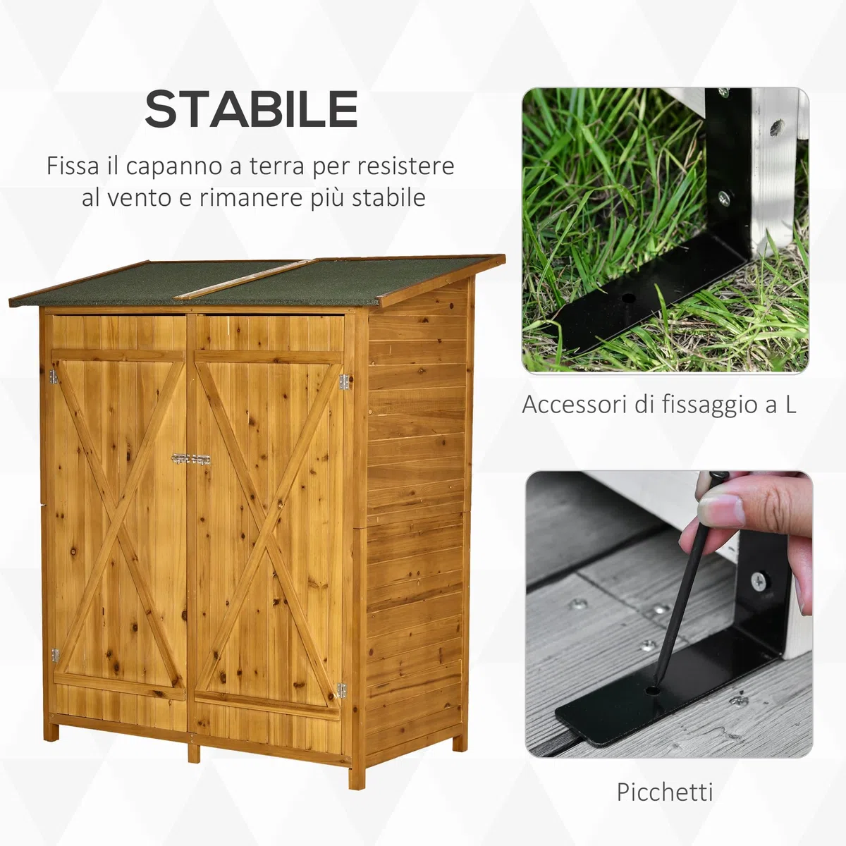 Outsunny Casetta Porta Attrezzi in Legno di Abete, Capanno da Giardino a 2 Ante con Sgabello Alto a 2 Ripiani e Tetto Idrorepellente, 140x75x157 cm