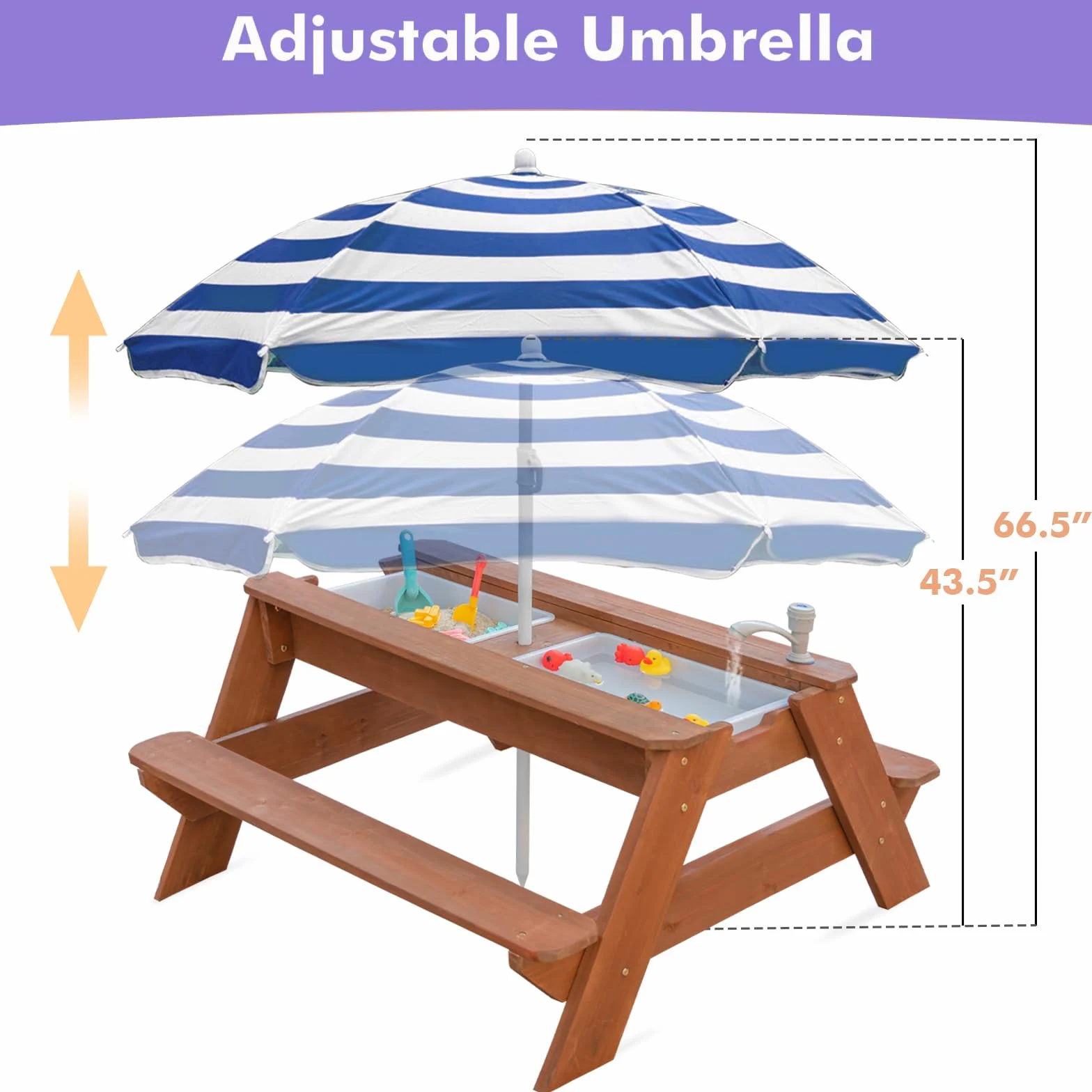 Kids - Tavolo da picnic 3 in 1 per attività in legno e acqua, per esterni, trasformabile, con ombrello, 2 scatole da gioco, parte superiore rimovibile, per esterni (Brown/Navy)