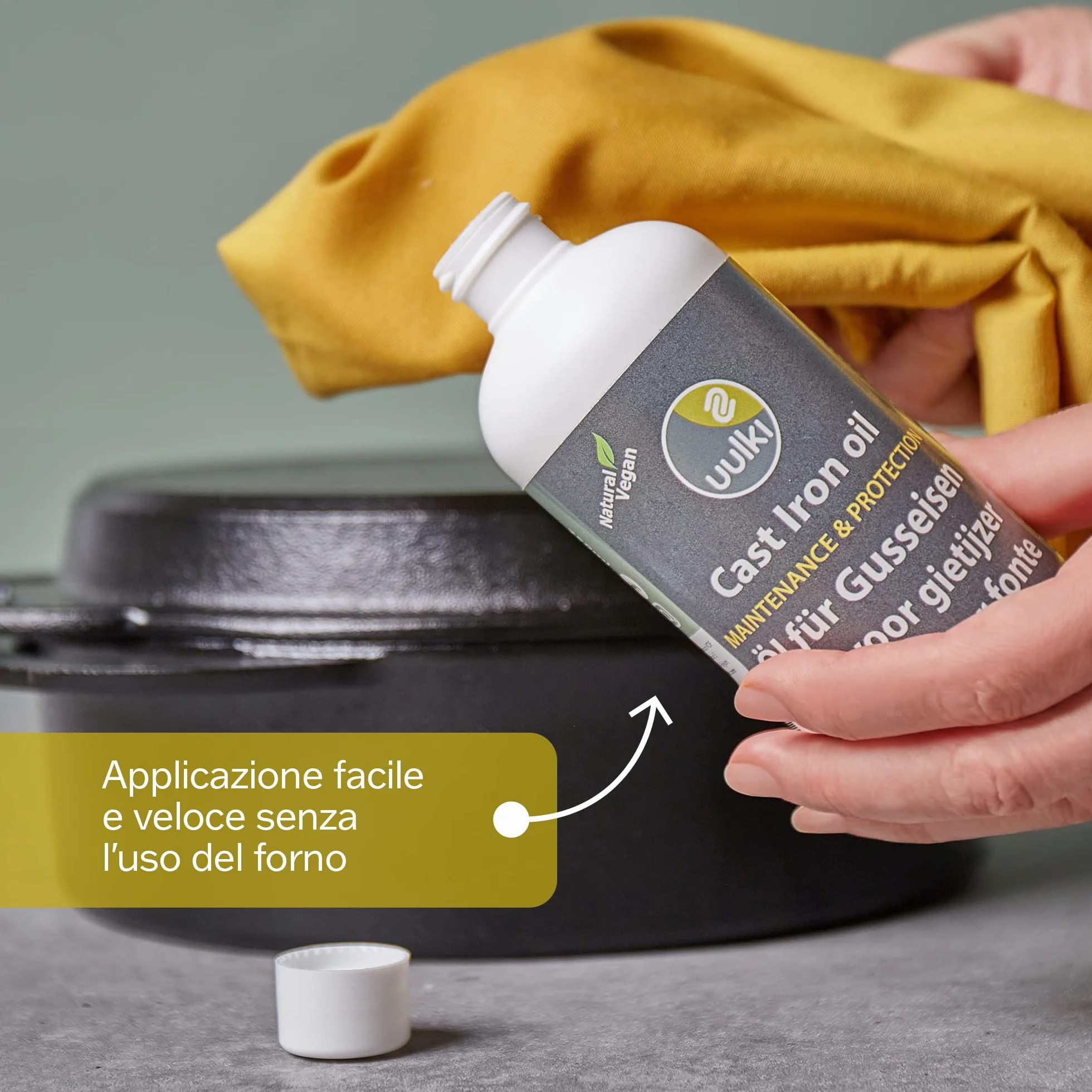 Uulki® Olio e Condizionatore per Ghisa - Per manutenzione di Pentole, Padelle, Griglie, Forni olandesi in ghisa - Protezione dalla Ruggine - 100% vegetale/Vegan ecologici (250ml)