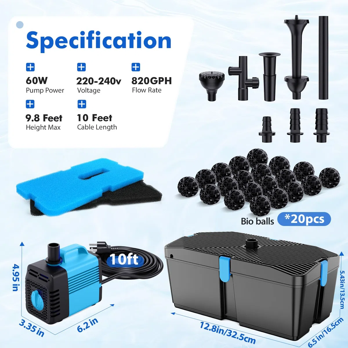 Filtro per laghetto con pompa 60W, kit fontana integrato, set filtraggio sommerso