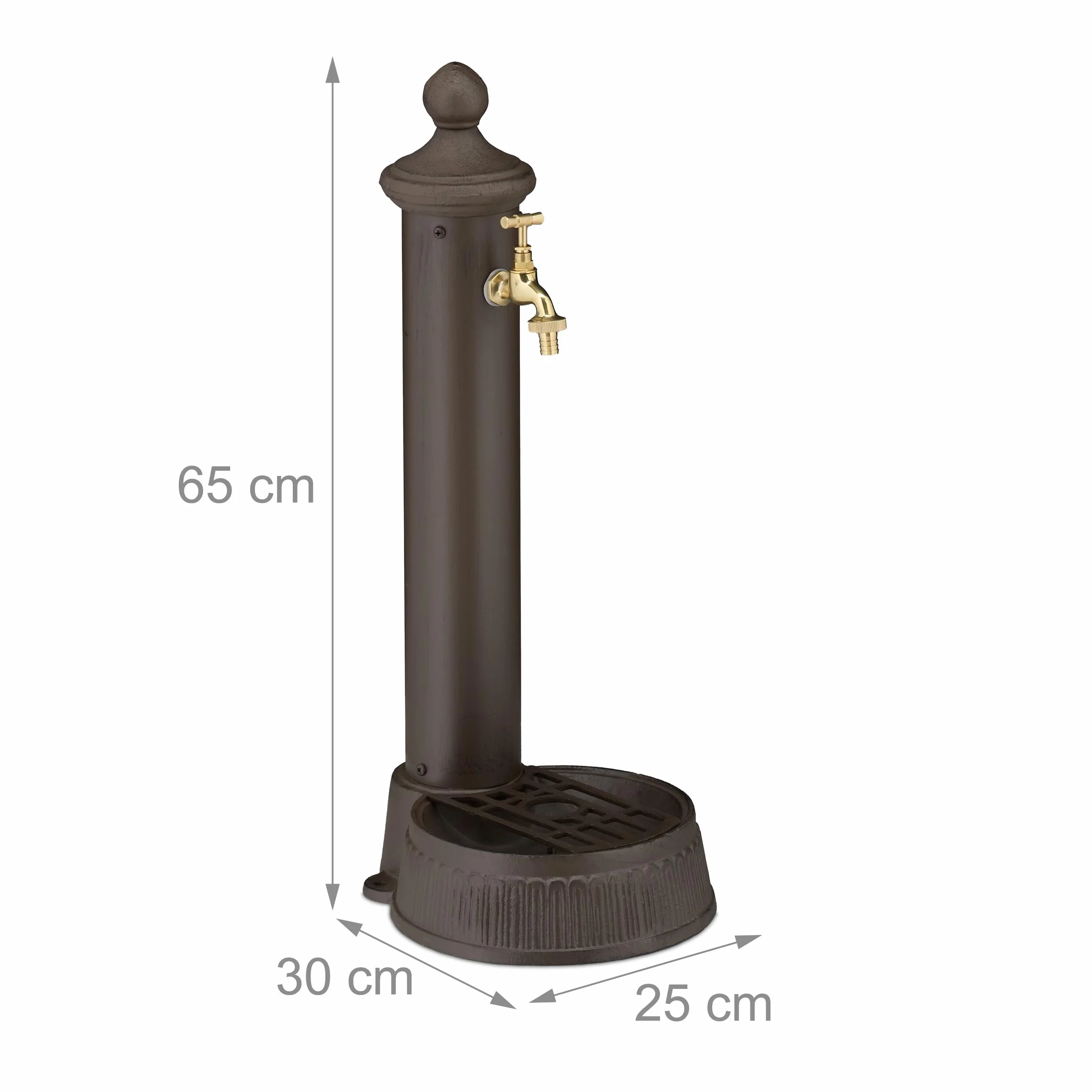 Relaxdays Fontana da Giardino in Stile Antico, Fontanella a Colonna con Rubinetto e Vaschetta, HLP: 65x25x30 cm, Marrone